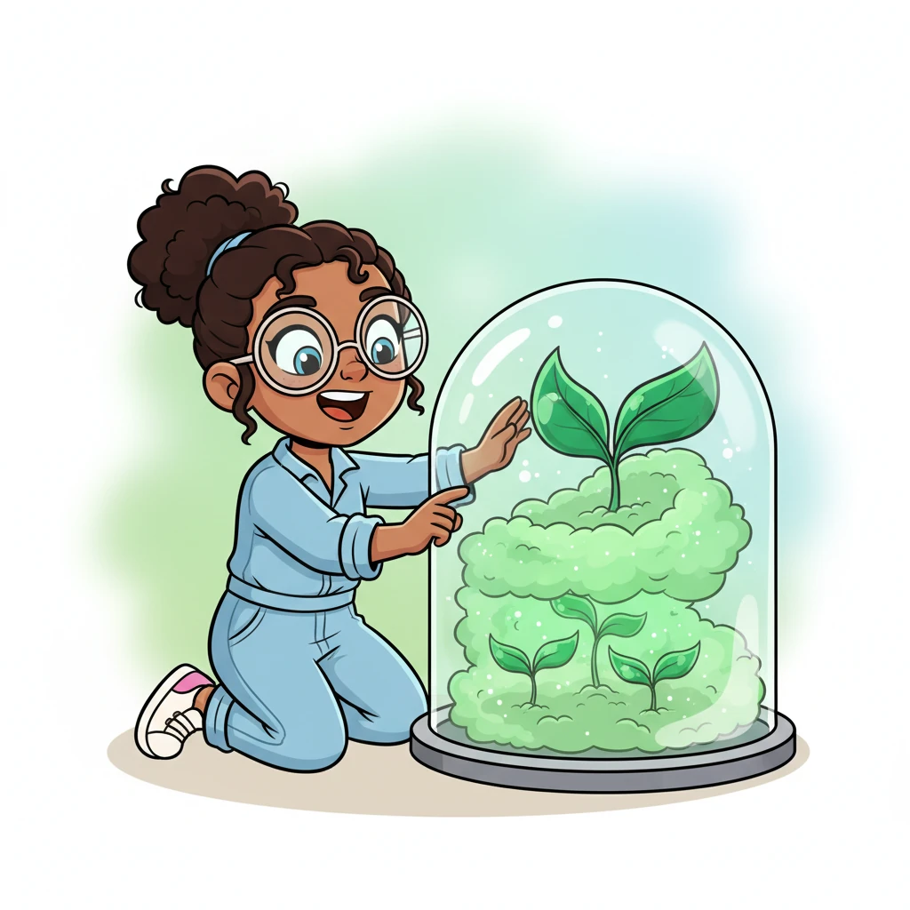 Gentle, shimmering fog floats around the eager young plants inside Fiona's invention. The tiny sprouts stretch and grow at an astonishing speed, their leaves unfurling bigger and brighter than ever before. It's like a magical green cloud helping them thrive.