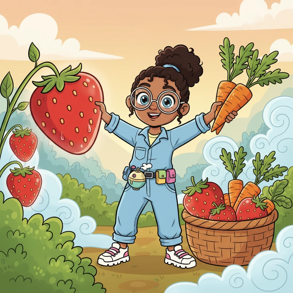 Fiona beams with pride as she harvests enormous, juicy strawberries and crunchy carrots from her fog farm. The vegetables are so big and colorful, they practically glow! Her basket overflows with nature's bounty.