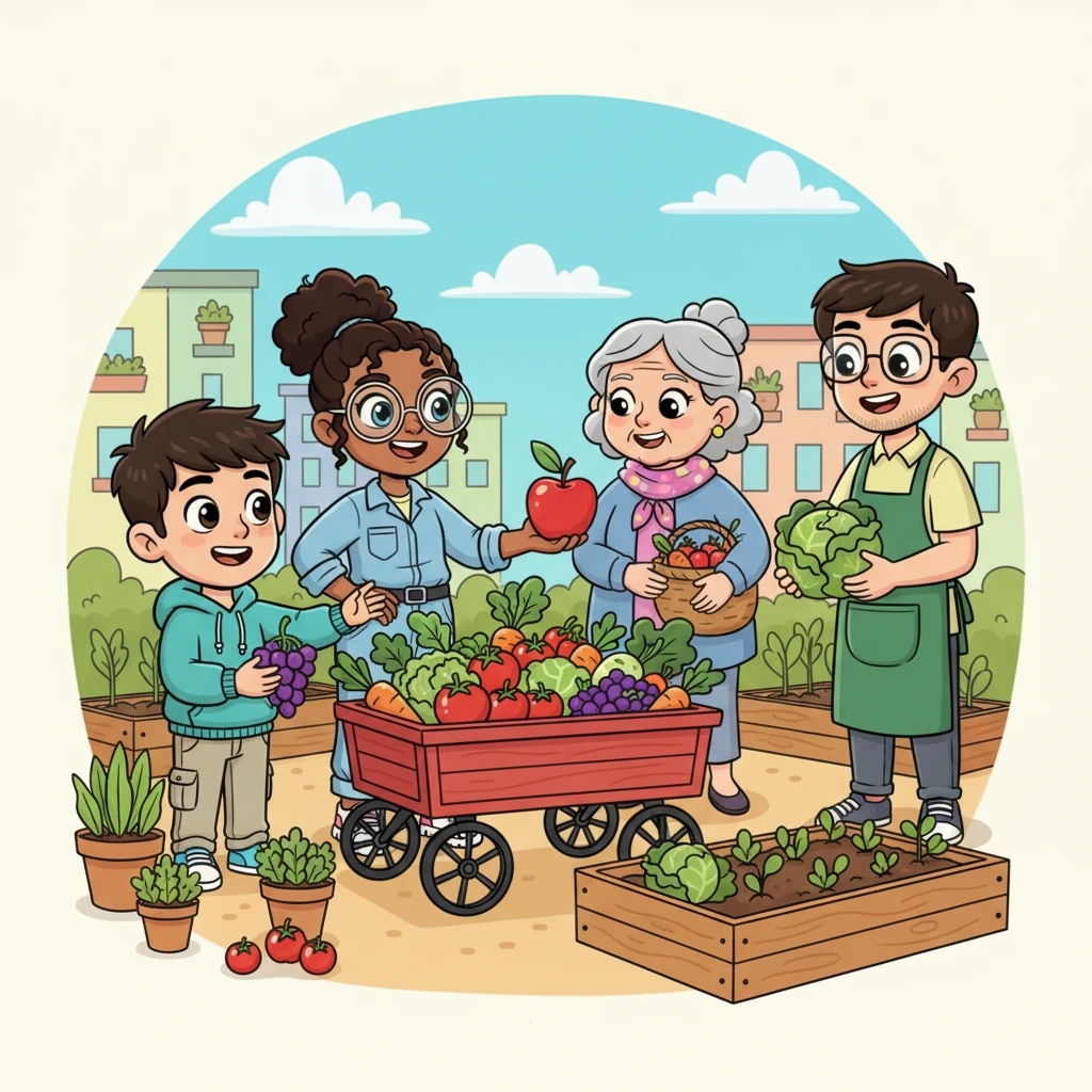 With her trusty wagon piled high, Fiona shares her amazing harvest with her delighted neighbors. Everyone smiles, enjoying the freshest, tastiest food they've ever had. Her urban farm is bringing joy and healthy snacks to the whole community.