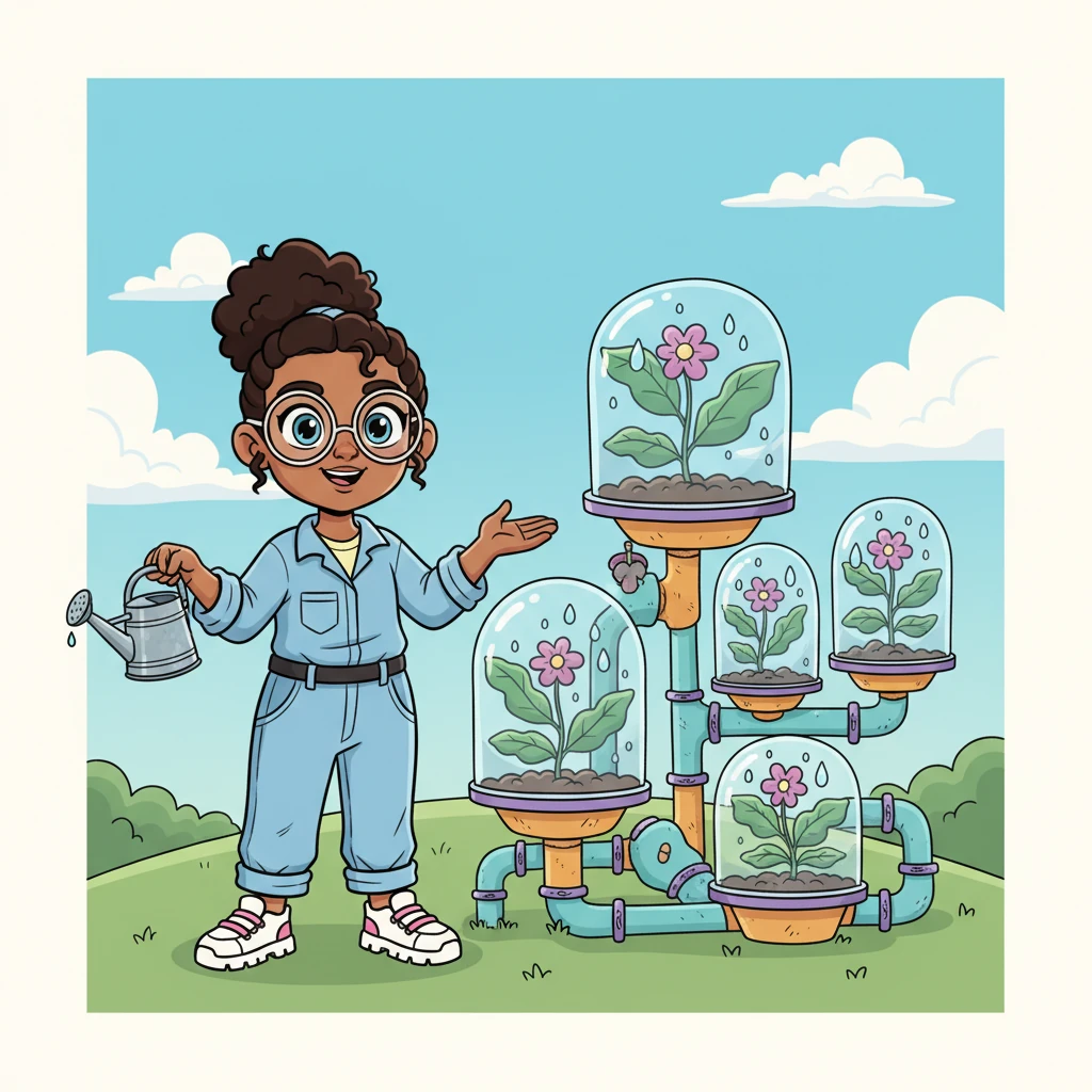 Fiona stands proudly beside her fog farm, showing how a tiny droplet of water can become a big, healthy plant. She holds up a small, almost empty watering can, symbolizing how little water her misty farm uses compared to traditional gardens. It's a clever way to save precious resources.