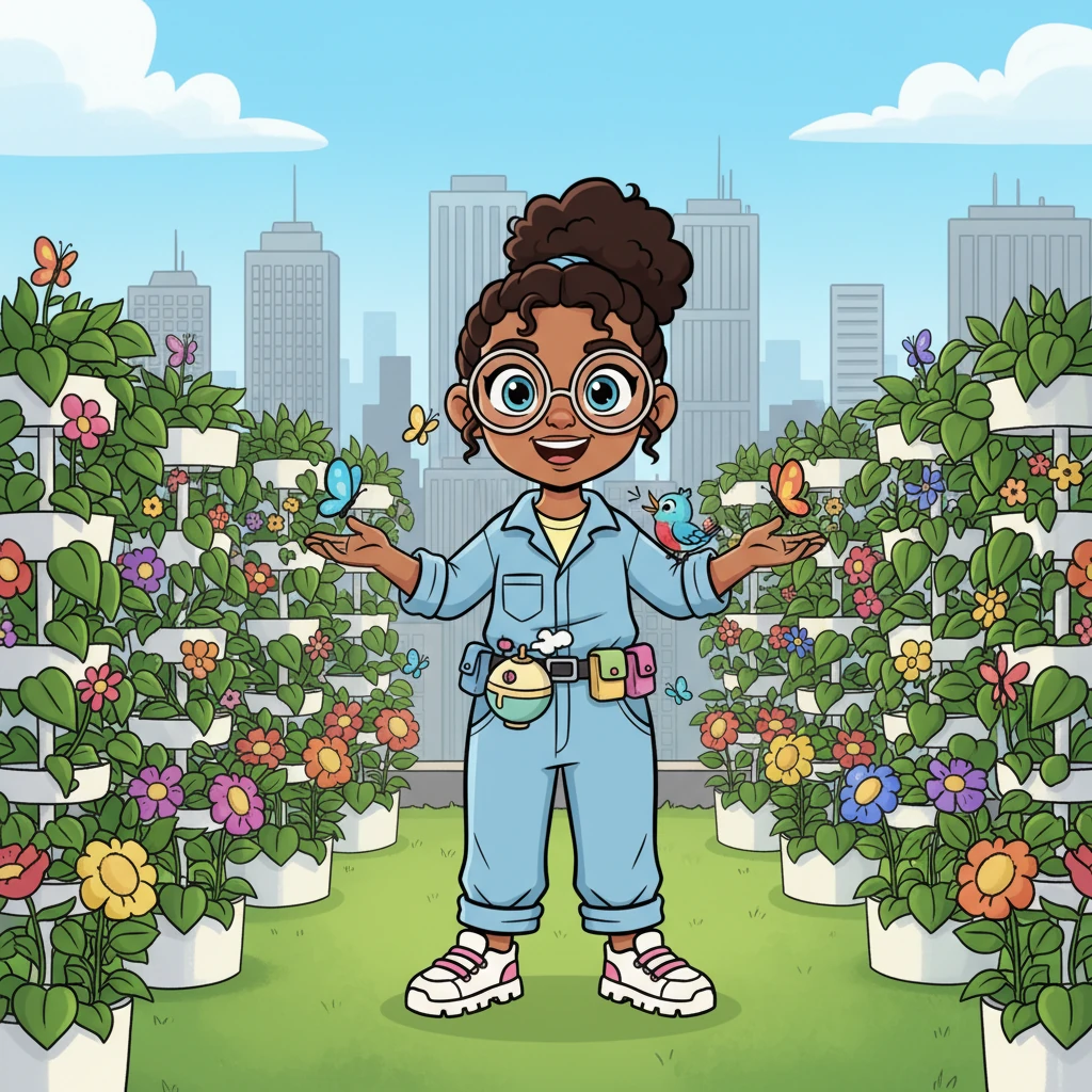 Fiona's once-grey rooftop has transformed into a vibrant, bustling green oasis, filled with many fogponic towers. Butterflies flutter around blooming plants, and cheerful birds sing. It’s a beautiful contrast to the tall city buildings all around.