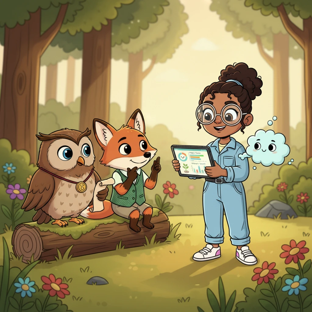 Fiona, with MISTY by her side, stands before a panel of friendly, wise-looking animal "judges" (perhaps a wise owl and a thoughtful fox). She proudly shows them her app, displaying colorful charts of happy plants and saved water. The judges nod in impressed agreement.