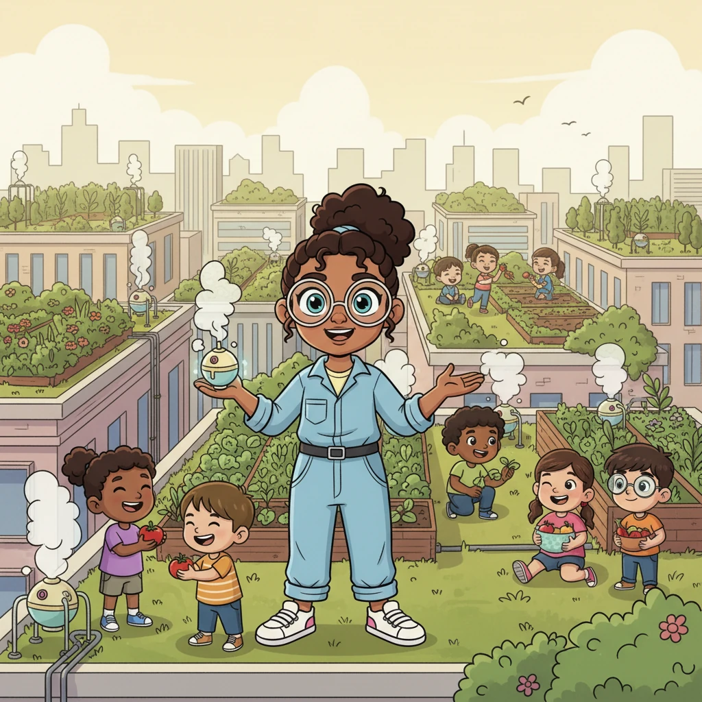 The city skyline now boasts many more green rooftops, all thanks to Fiona's inspiring idea! Children play in new urban gardens, and everyone enjoys fresh, healthy food. Fiona smiles, knowing her fog farms are helping create a wonderfully green and sustainable future for all.