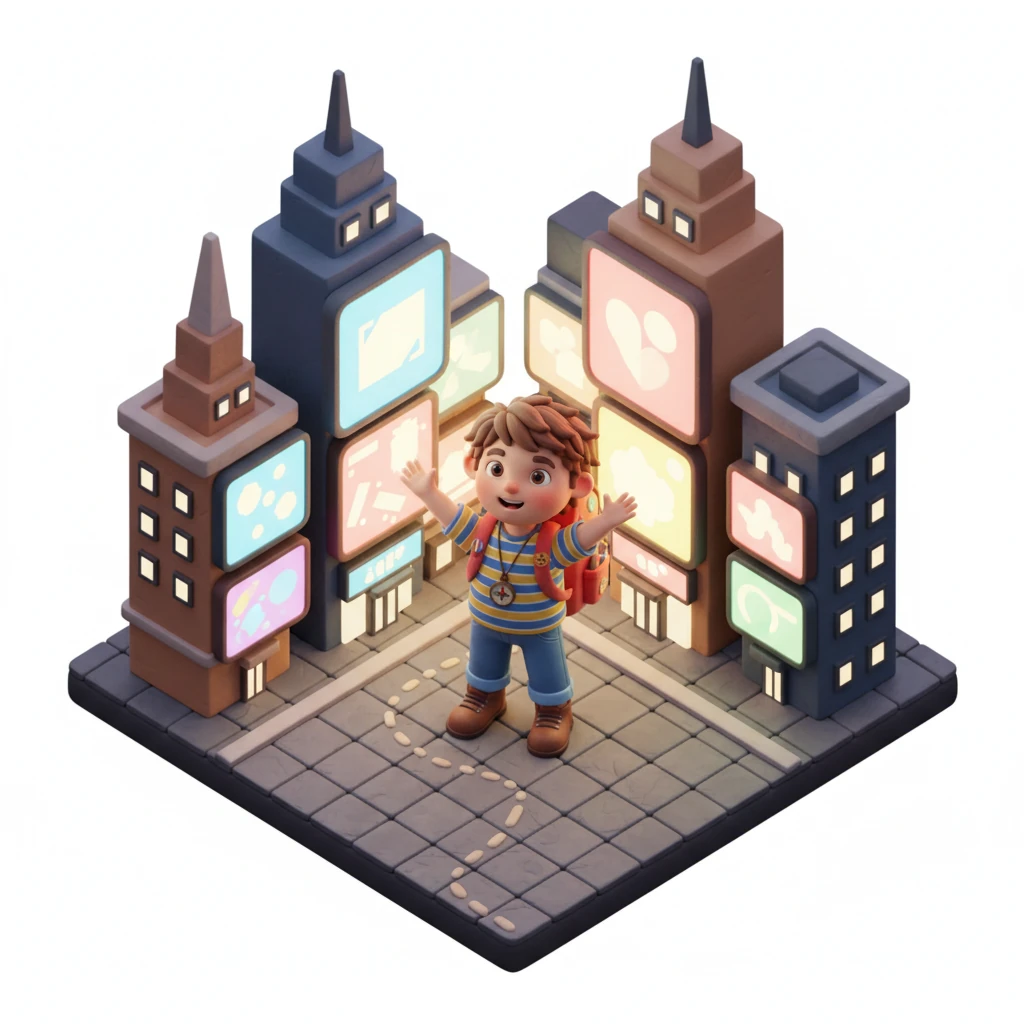 Leo the lion cub arrived in New York City, his eyes wide with wonder! His first stop was Times Square, where giant screens glowed with a million twinkling lights, making him feel like he was inside a magical, sparkling box. A dashed path invited him to explore further into the city's heart.