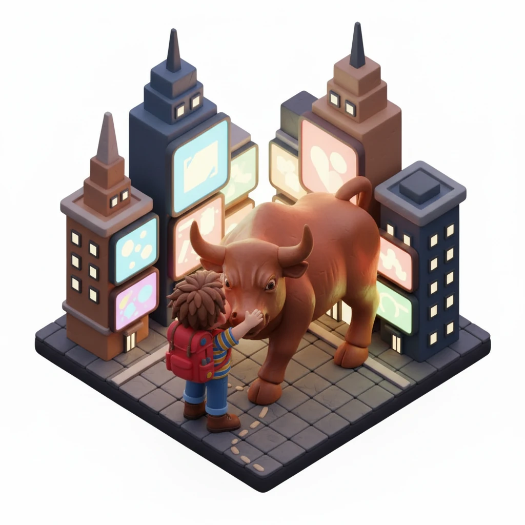 Back on land, Leo found himself on Wall Street, where a mighty Charging Bull stood guard. He gently patted its nose, wishing for good fortune on his continued adventure. The buildings here were tall and serious, but the bull felt friendly.