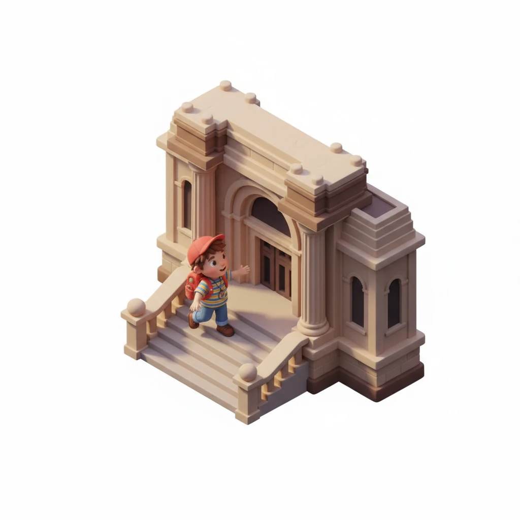 Later, Leo climbed the grand steps of The Met Museum, feeling like an ancient explorer about to uncover lost treasures. The museum's facade was impressive, hinting at the wonders within. He felt very small but very excited in front of such a grand building.