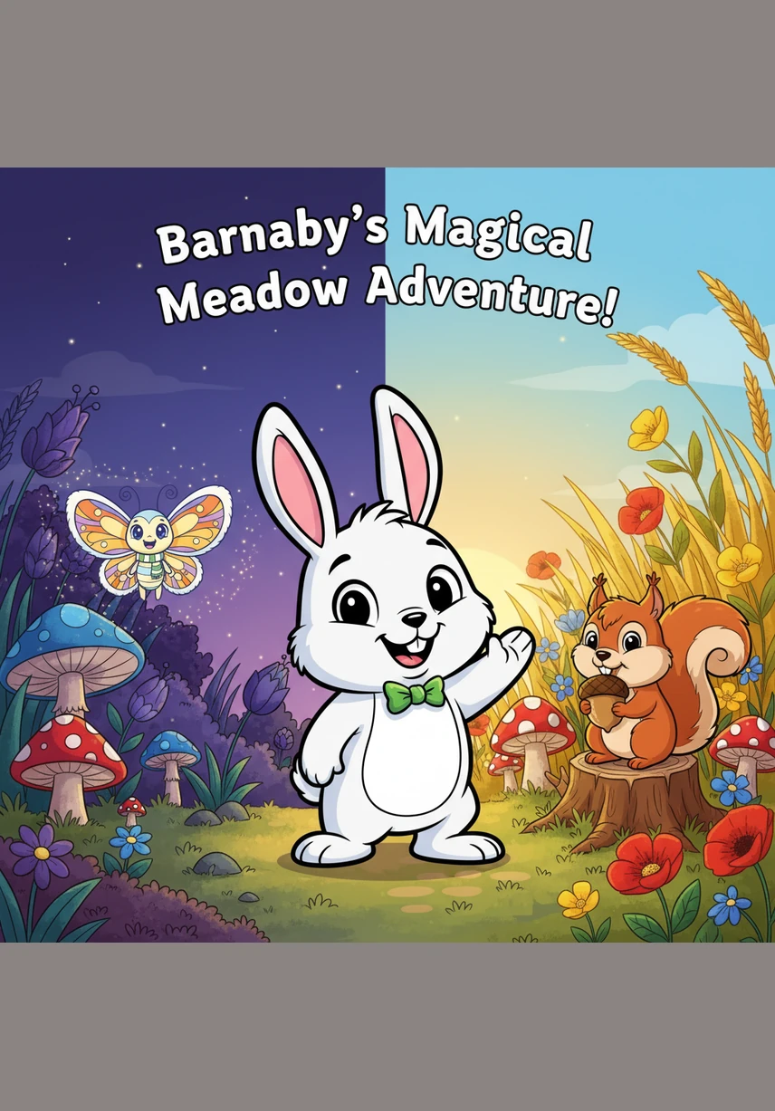 Barnaby the Bunny stands at the edge of a magical, colorless meadow where every blade of grass is a delicate black outline. He looks around with wide, curious eyes, wondering where all the vibrant colors of his world have gone.