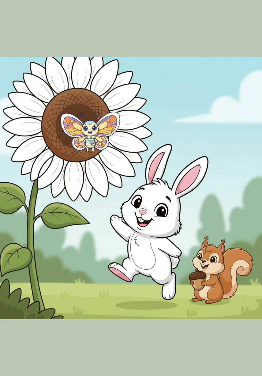 He hops over to a giant, whimsical sunflower that towers high over his head. The petals are perfectly shaped and detailed with fine lines, but they are completely white and waiting for a splash of bright golden yellow.