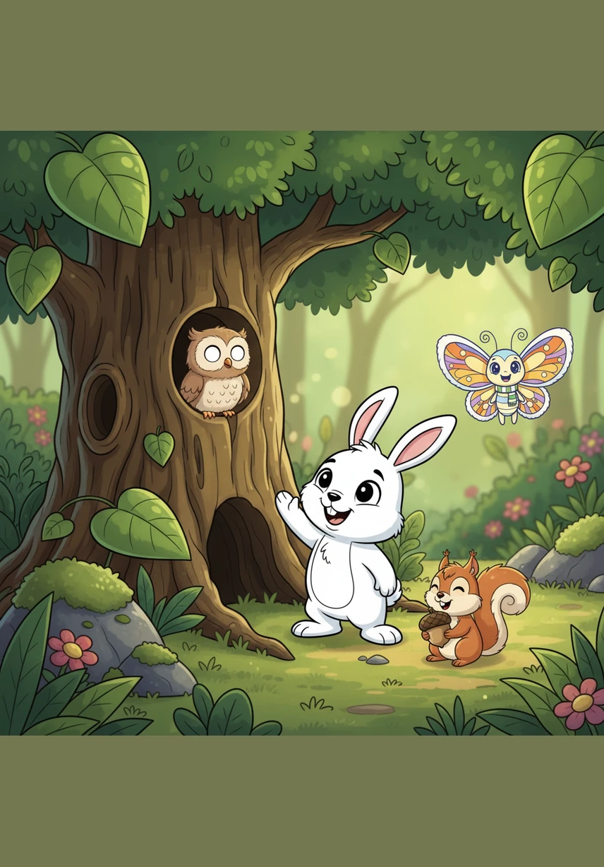 Deep in the garden, he discovers a hollow tree with swirling bark patterns and large, heart-shaped leaves. A tiny owl peeks out from a circular knot in the wood, blinking its large, uncolored eyes at the little bunny.