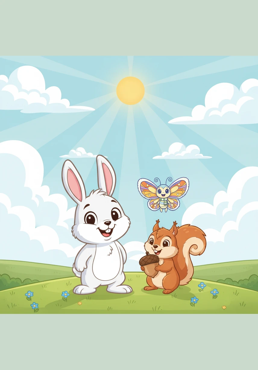 He looks up at the sky where fluffy, scalloped clouds drift lazily above the distant horizon. The sun is a perfect circle with long, straight rays reaching down to touch the quiet, waiting earth below.