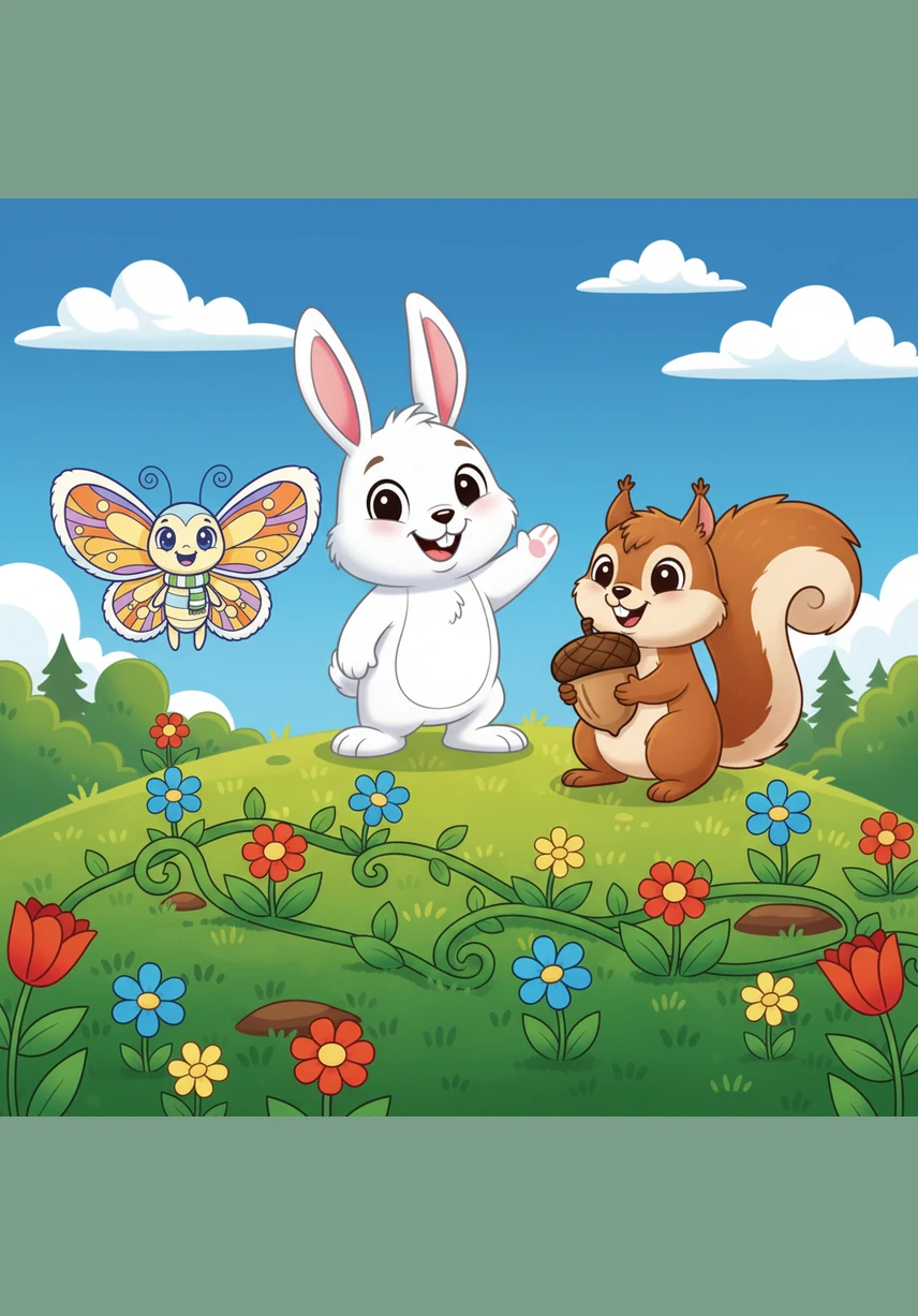 Behind the rolling hills, a magnificent castle appears with tall turrets, winding staircases, and waving flags. Every stone and brick is neatly drawn, creating a grand scene for a brave knight or a royal garden party.