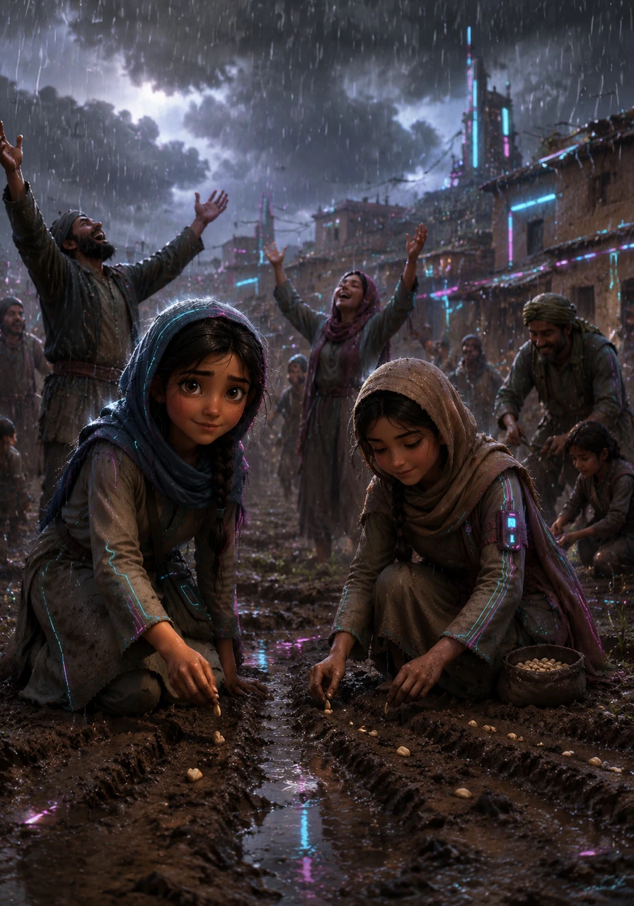 After years of devastating drought, heavy clouds gather and a torrential rain finally begins to fall on the thirsty village. The villagers rejoice and begin planting seeds in the mud, hopeful for a bountiful harvest at last.