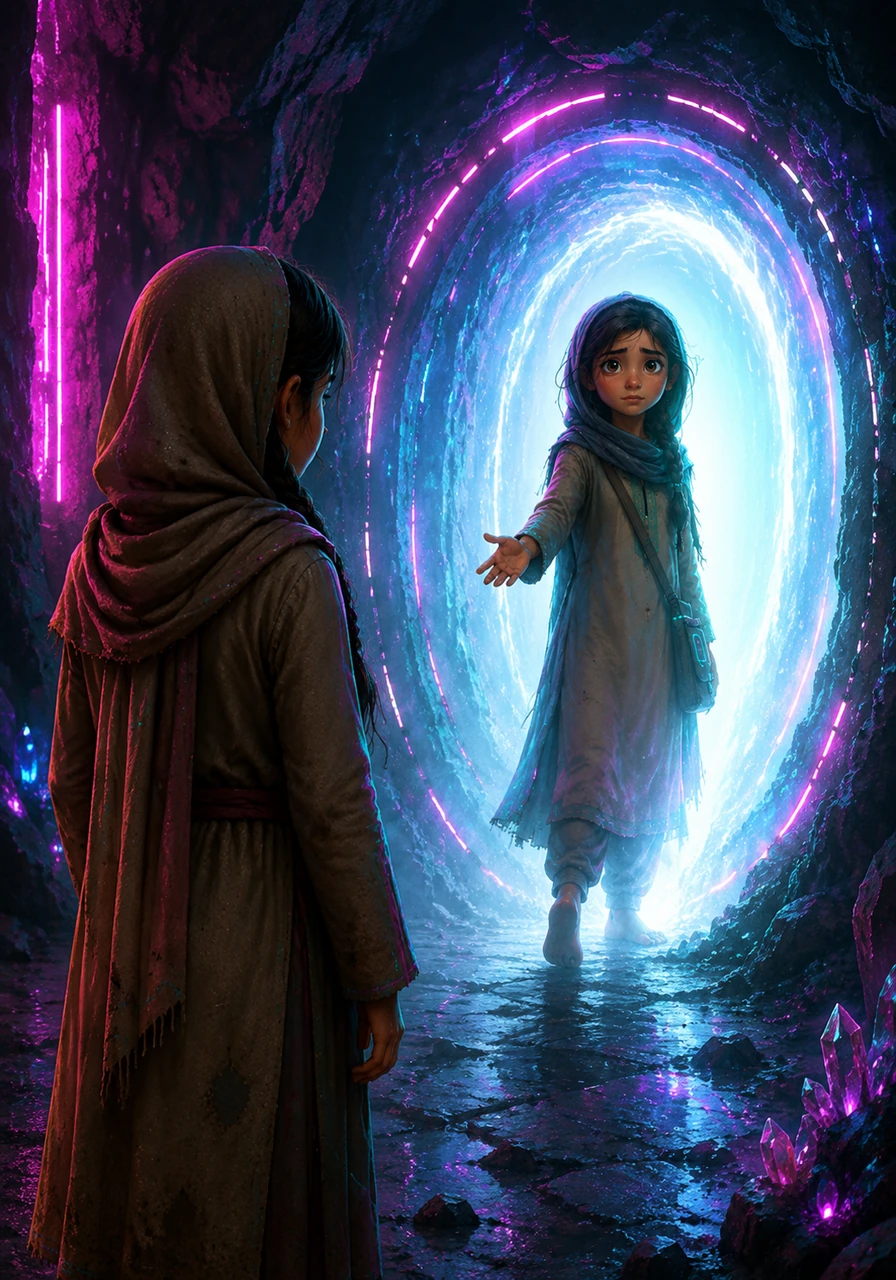 Zainab bravely decides to enter the glowing portal alone to ensure her sister's safety, telling Layla to go home if she doesn't return. She steps into the brilliant light and vanishes into the heart of the mysterious cave.