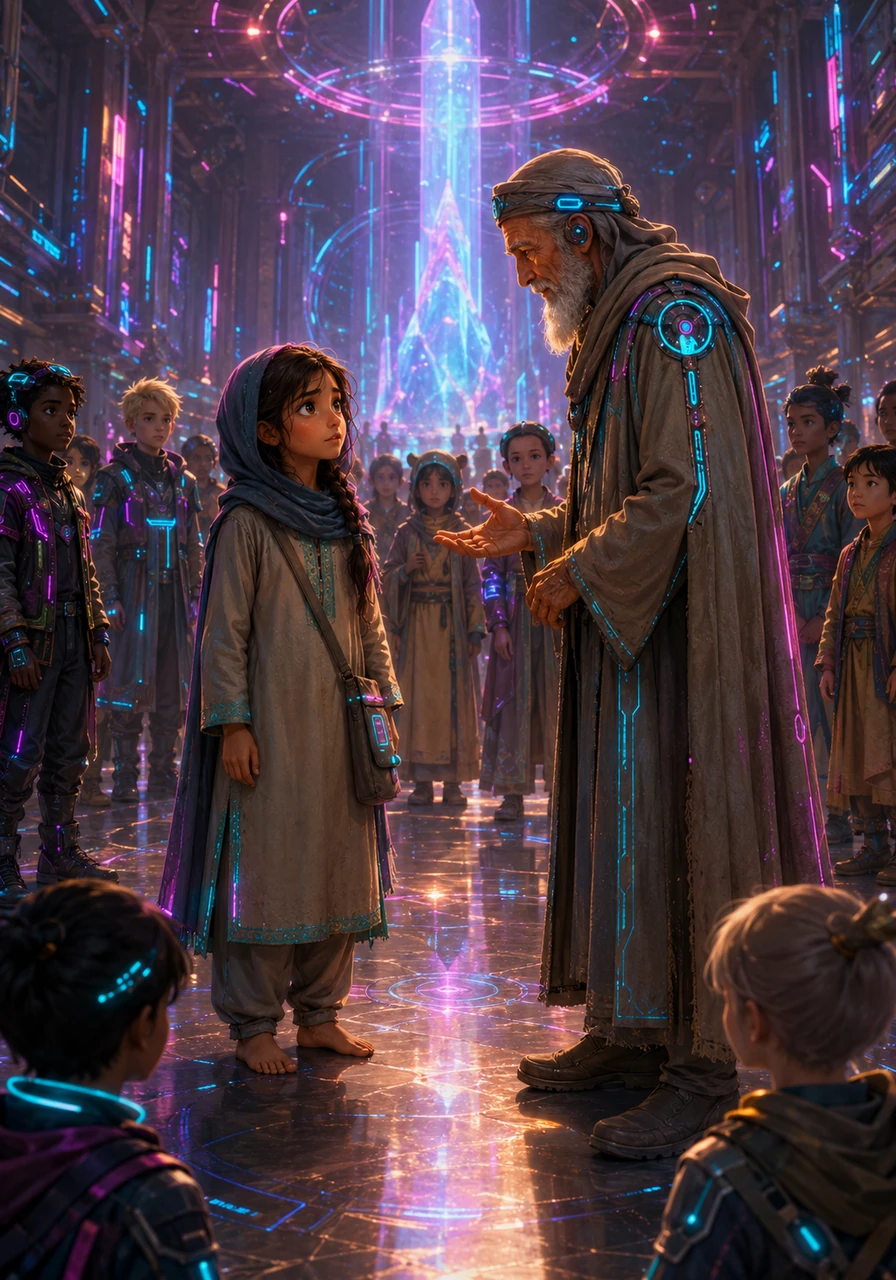 Inside, Zainab finds herself in a majestic hall filled with people and children from many different worlds. A wise old man approaches her and explains that the cave chooses special individuals every year to join its secrets.