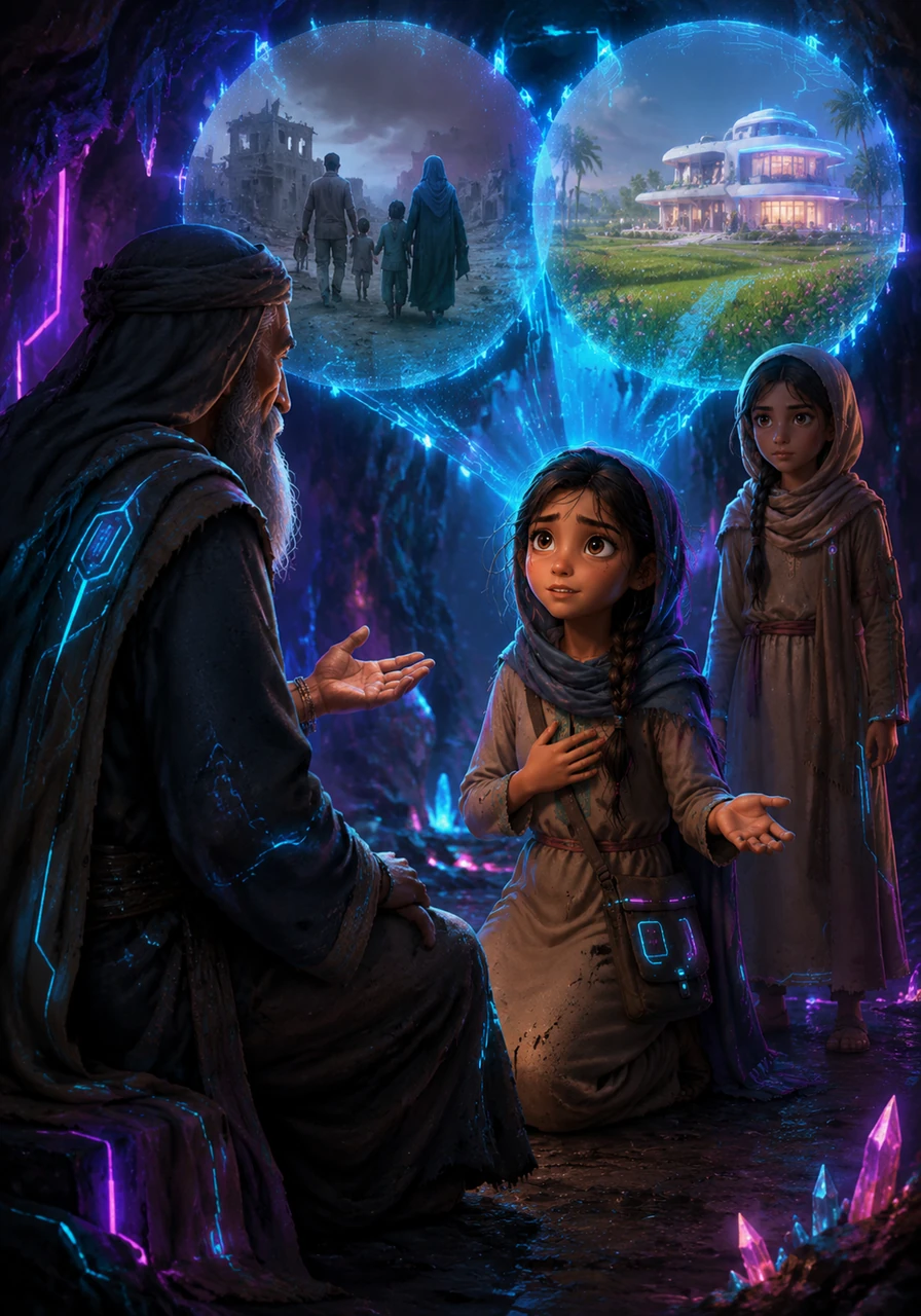 The wise man offers Zainab a choice: return to her difficult life or stay in the cave forever as one of its guardians. Zainab agrees to stay, but only if her family is granted fertile land and a beautiful home to live in.