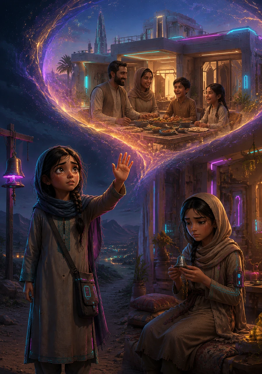 Through a magical vision, Zainab sees her family happy and prosperous in a new home before she waves a tearful goodbye. Back in the village, Layla lives in comfort, forever carrying the secret of her sister’s sacrifice and the echo of the bells.