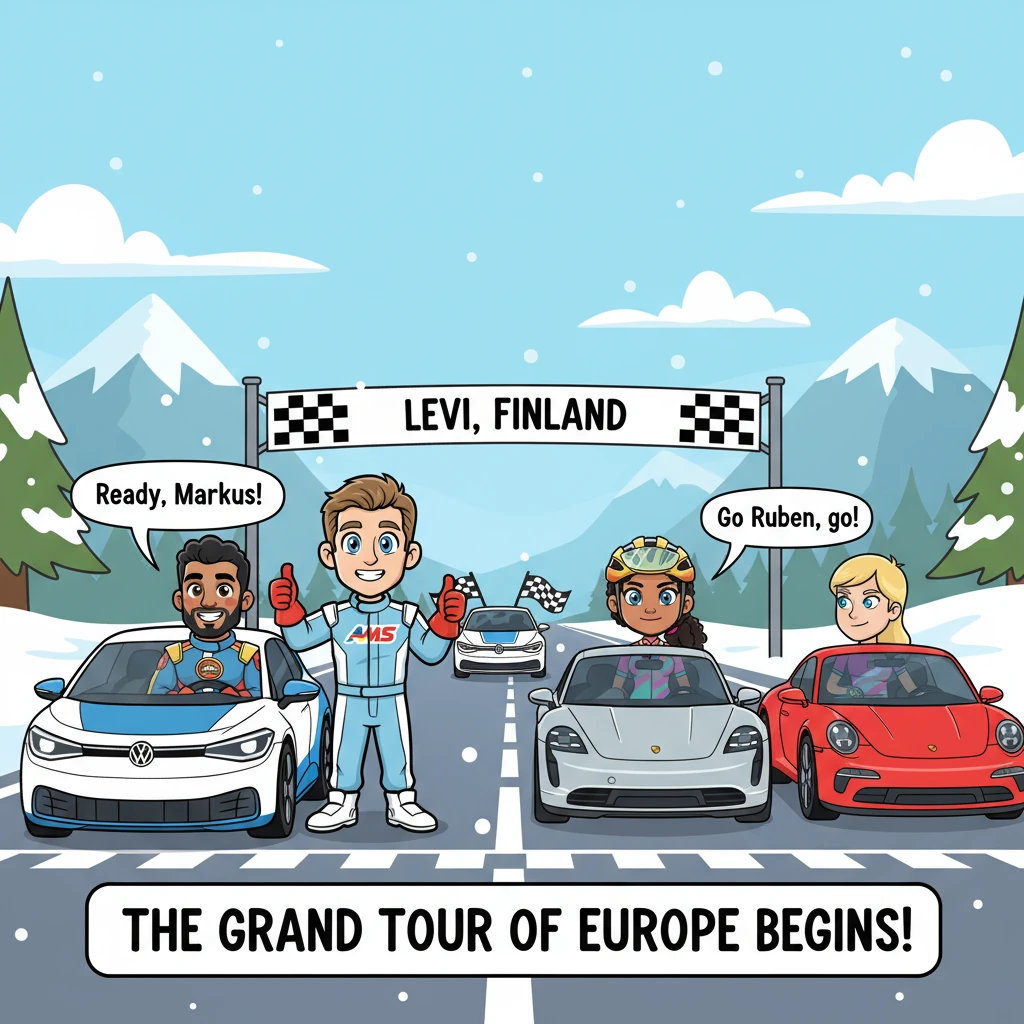 The starting grid in Levi, Finland, buzzed with excitement under a crisp, bright sky. Ruben Thomas, a young man with a determined grin, sat ready in h