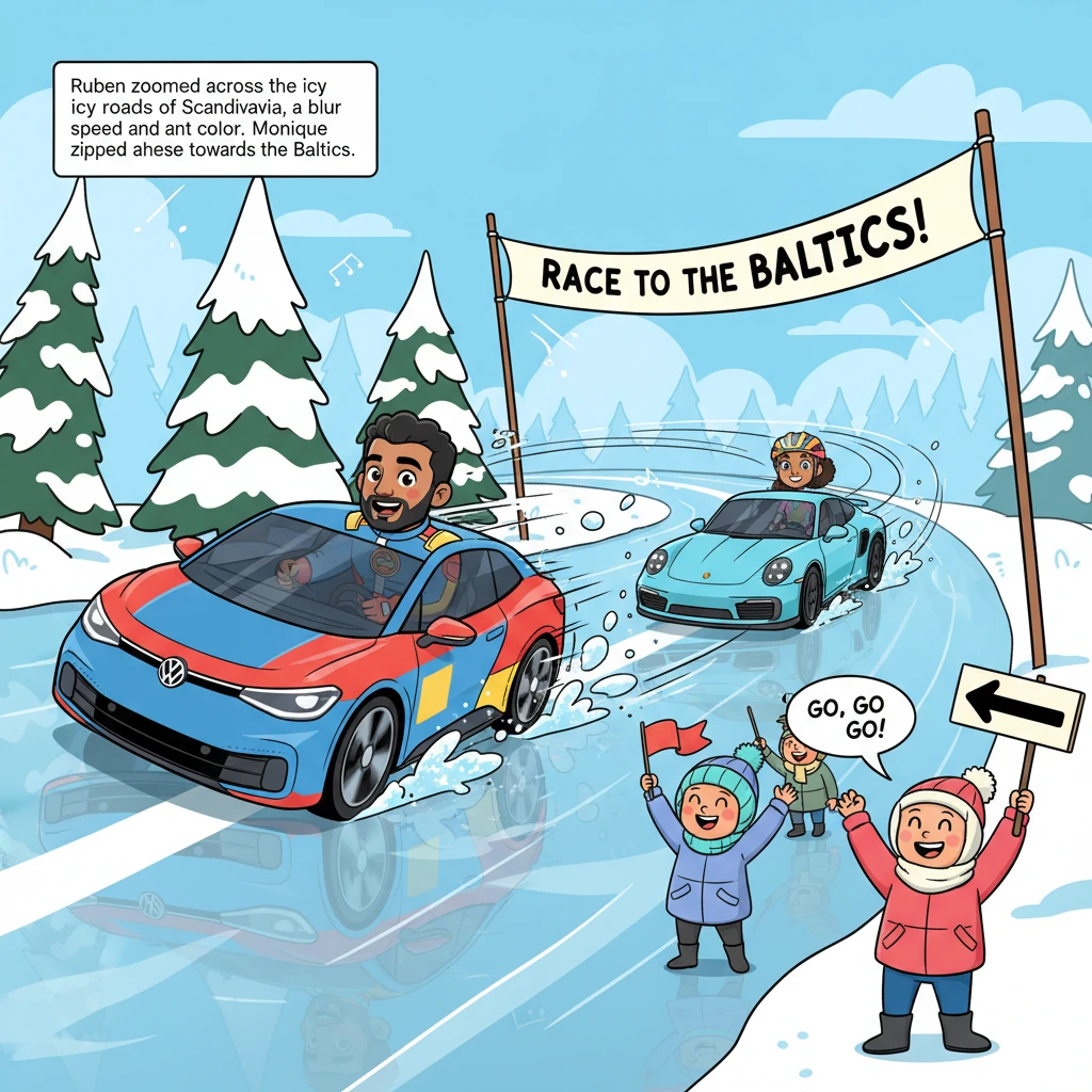 Ruben zoomed across the icy roads of Scandinavia, his ID.4 a blur of speed and vibrant color against the snowy pines. He expertly navigated turns, his