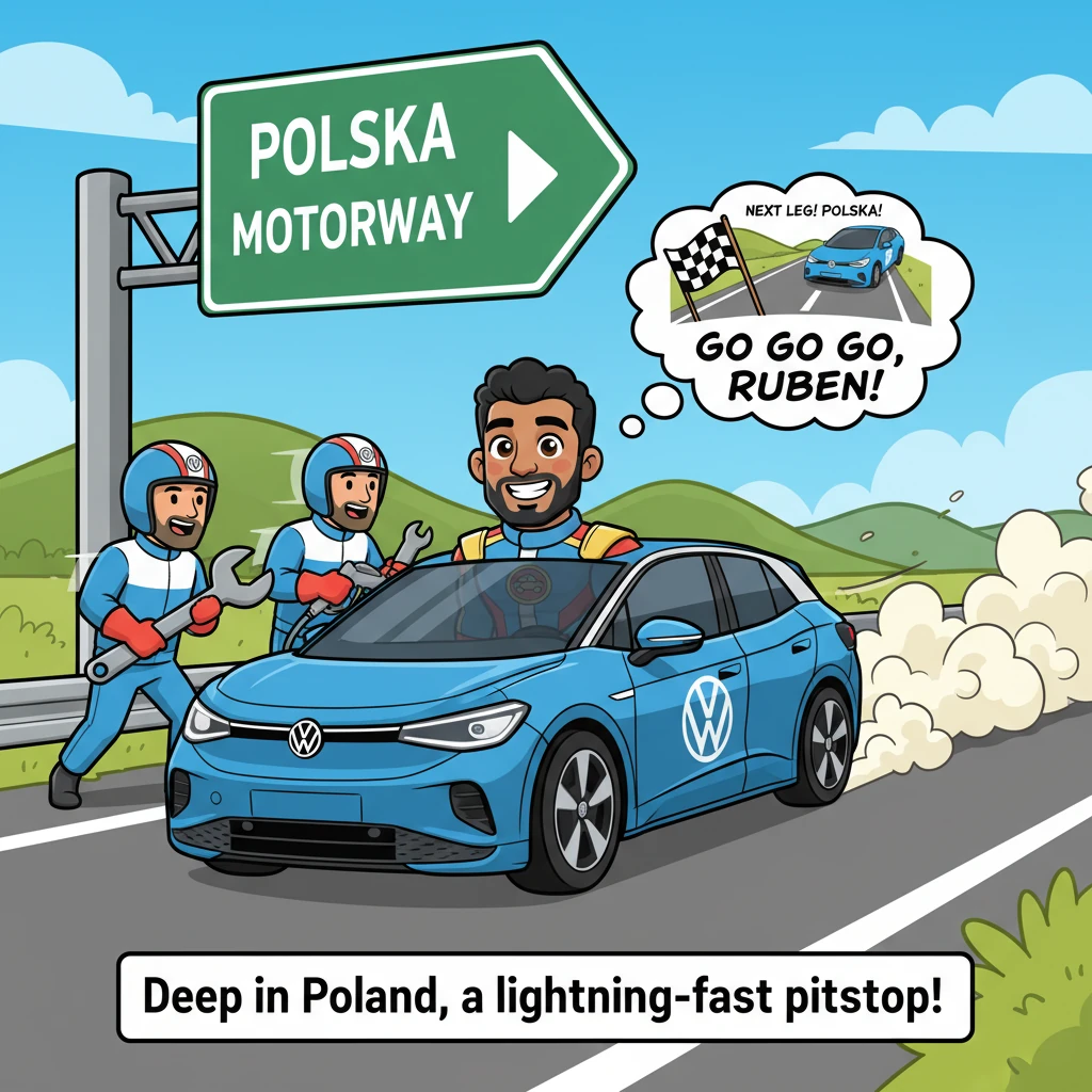 Deep in Poland, the race hit a fever pitch with a lightning-fast pitstop. Team VW mechanics, a whirlwind of motion, swapped tires and refueled Ruben's