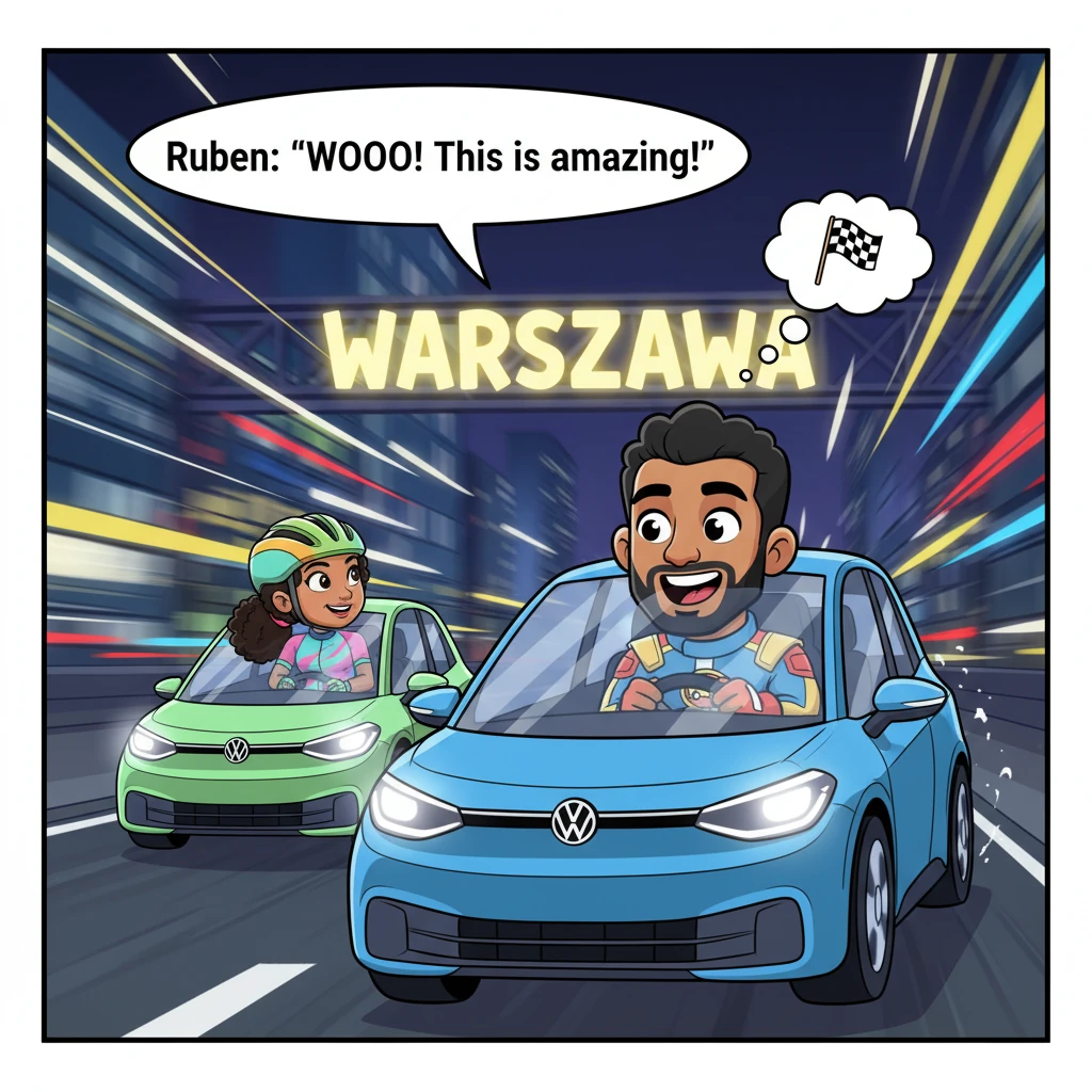 As Ruben's car sped into Warsaw, his heart pounded with pure excitement. The city lights blurred into streaks of color, and he felt a surge of energy,