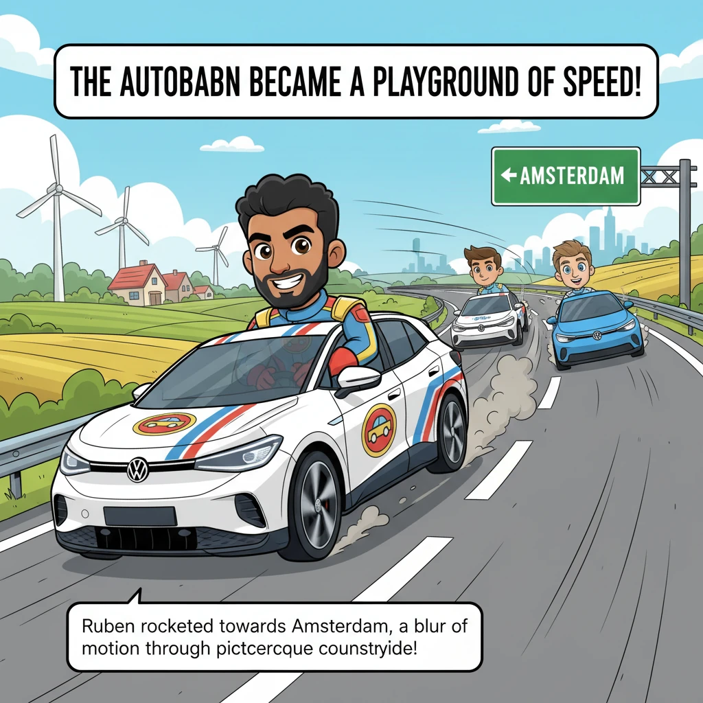 The Autobahn became a playground of speed as Ruben masterfully outmaneuvered his rivals, his VW ID.4 hugging every curve. He then rocketed towards Ams
