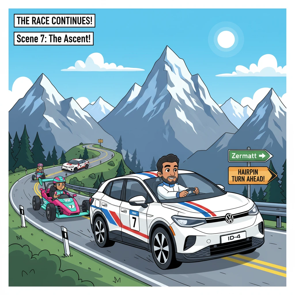 The race resumed with a breathtaking ascent through the majestic Swiss Alps. Ruben skillfully guided his ID.4 along winding mountain roads, the toweri