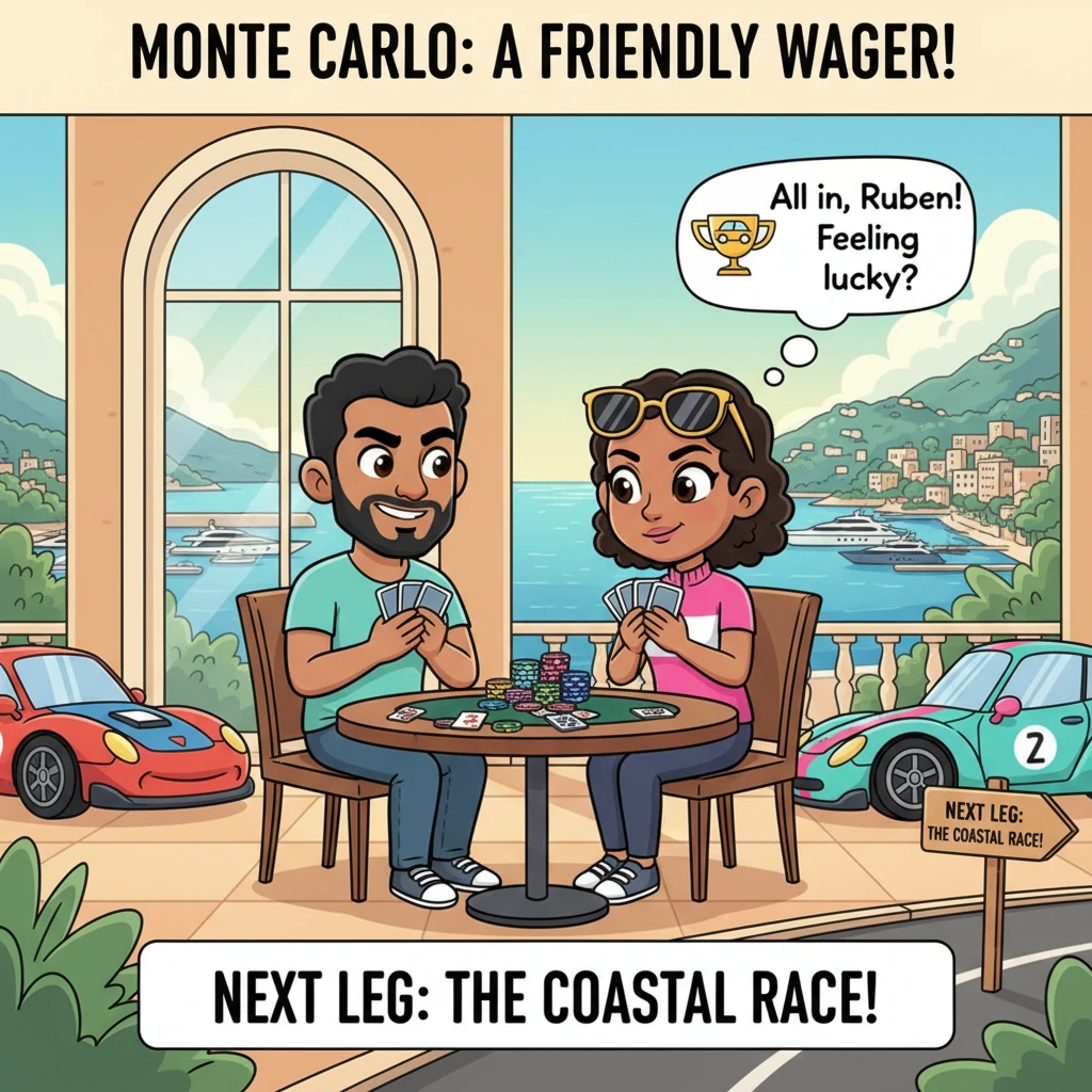 Arriving in glamorous Monte Carlo, Ruben and Monique decided a friendly poker game was in order, adding a touch of playful risk to their rivalry. Late