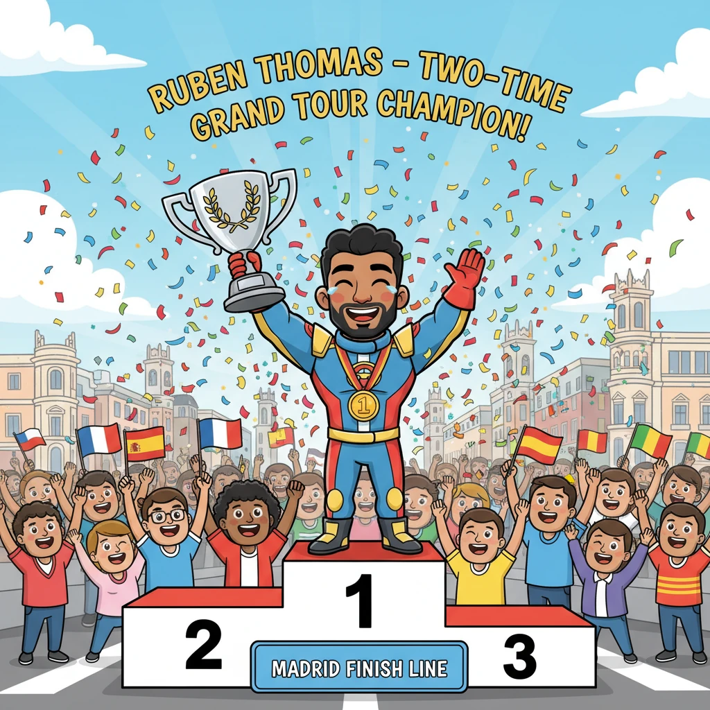 The final stage into Madrid was a blur of adrenaline and speed. Ruben crossed the finish line in a spectacular burst of confetti and cheers, his heart