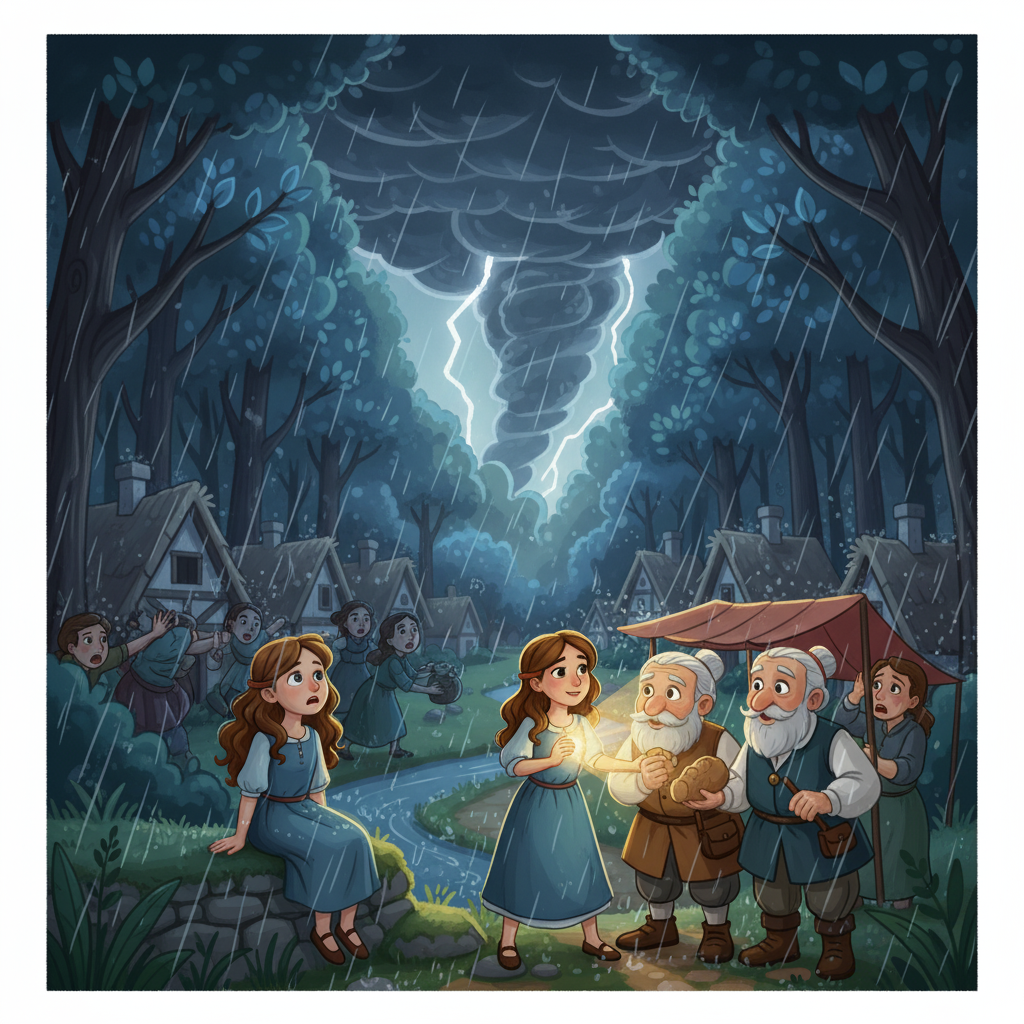 During a terrible storm, the villagers, consumed by fear and selfishness, turned against each other. Elara, remembering the guiding light, found strength in her faith. She helped the ones in need, showing them kindness, and reminding them of their values.