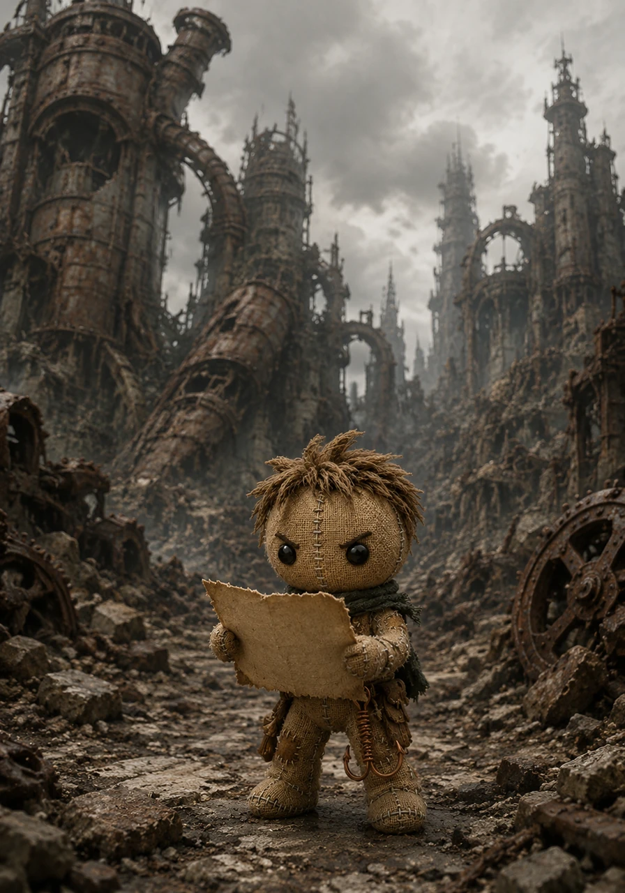 Kael stands amidst the towering ruins of a forgotten world, his stitched body small against the backdrop of rusted metal and gray skies. He clutches a fragment of an old map, searching for the lair of the beast that has silenced the surrounding lands.