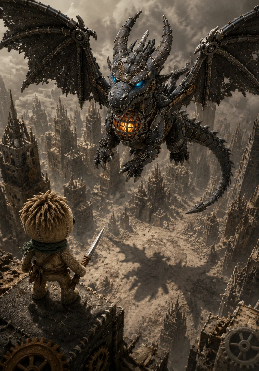 High above the jagged skyscrapers, a shadow stretches across the ground as a dragon made of gears and tattered wings circles the air. Its eyes glow with a cold, mechanical blue light, scanning the debris for any sign of life in the silent city.