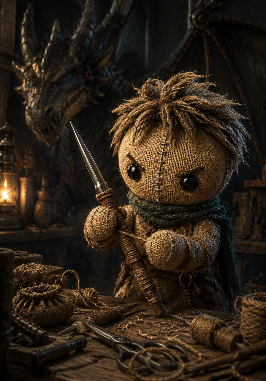 Kael discovers an ancient workshop where he finds a long, sharpened needle that glints like a silver blade in the dim light. He binds it to a wooden handle with scraps of sturdy twine, forging a weapon capable of piercing iron scales.