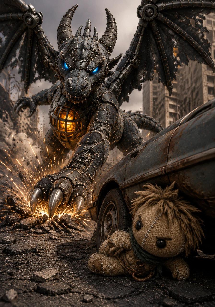 The dragon descends with a deafening roar, its metallic claws tearing through the asphalt and sending sparks flying into the air. Kael rolls beneath a rusted car, his heart thumping against his burlap chest as the monster searches for him.
