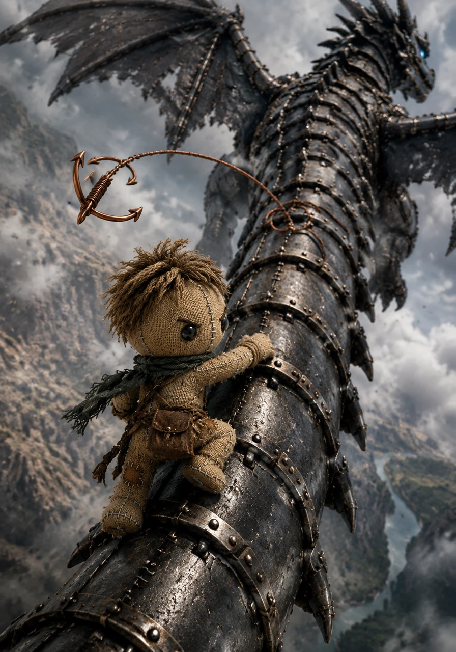 Using a grappling hook made of copper wire, Kael swings onto the dragon’s tail as it takes flight once more. He clings to the cold, vibrating plates of metal, climbing upward while the wind whips fiercely around his small, determined frame.