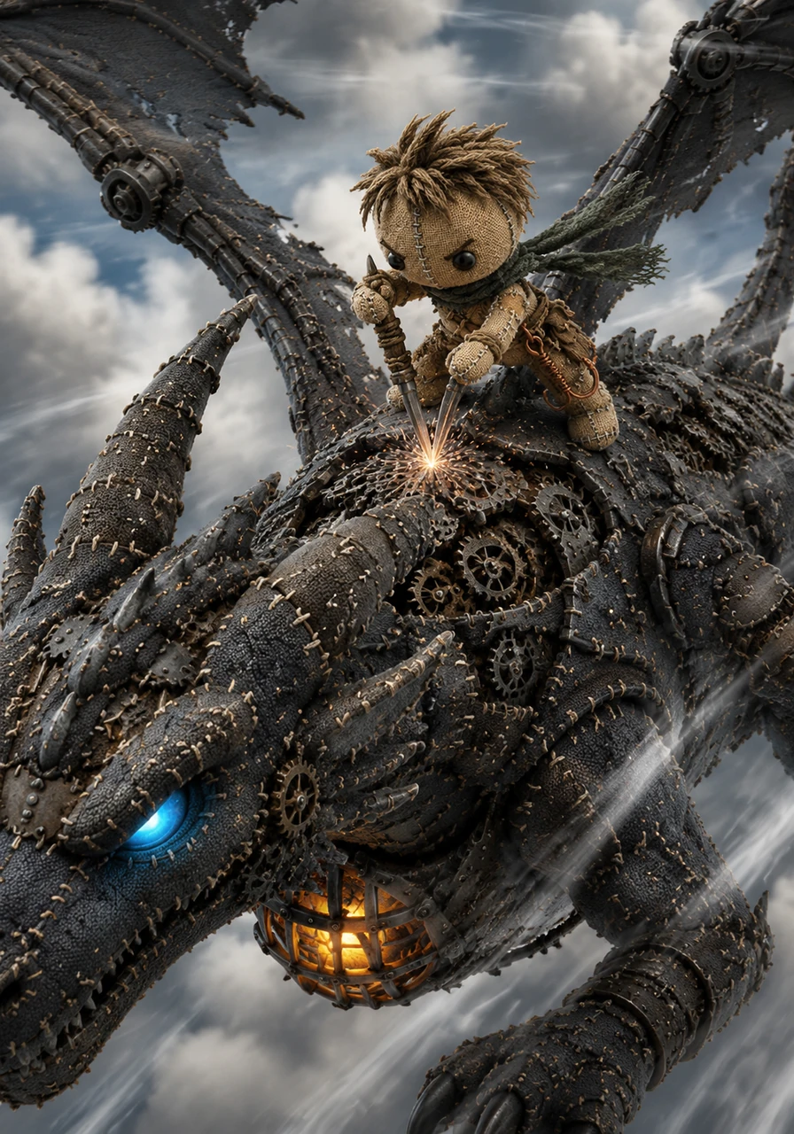 On the dragon's broad back, Kael battles against the lashing winds and the creature's violent attempts to shake him off. He stabs his needle-sword into the gaps between the grinding gears, slowing the beast's movements as they soar above the clouds.