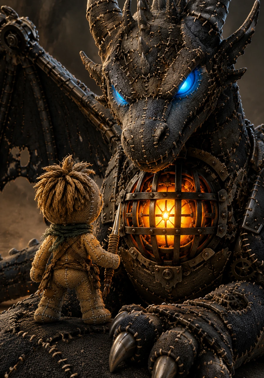 Kael reaches the base of the dragon’s neck, where a pulsing core of orange light glows behind a cage of reinforced steel. This is the heart of the machine, the source of the fire and the terror that has plagued his world for generations.