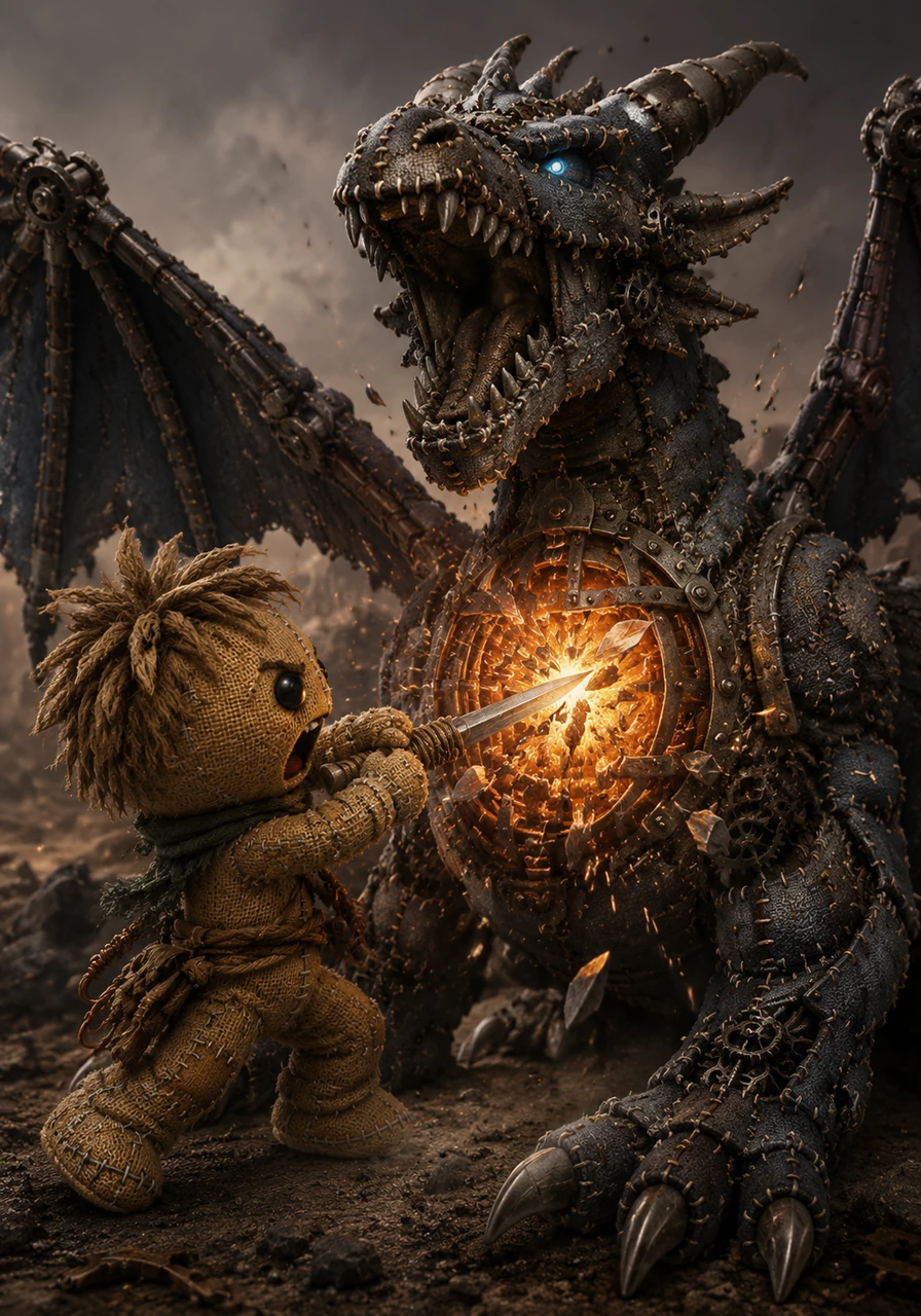 With a final, desperate cry, Kael drives his silver needle deep into the glowing core, shattering the glass and releasing a surge of energy. The mechanical dragon lets out a final, grinding shriek before its lights begin to flicker and fade forever.