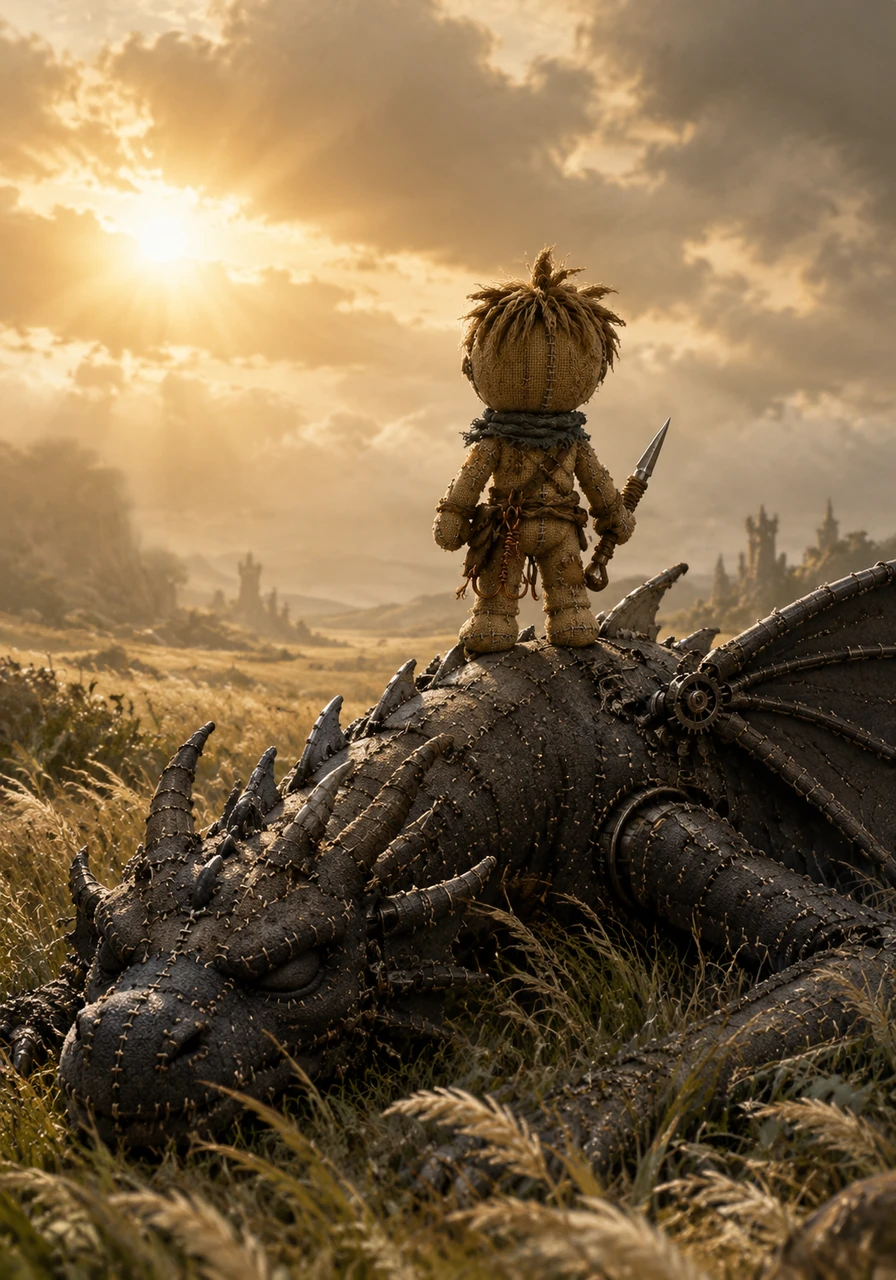 The dragon crashes softly into a field of tall grass, its reign of terror finally at an end. Kael stands atop the silent giant, looking out at the horizon as the first rays of a true sun begin to break through the heavy smog.