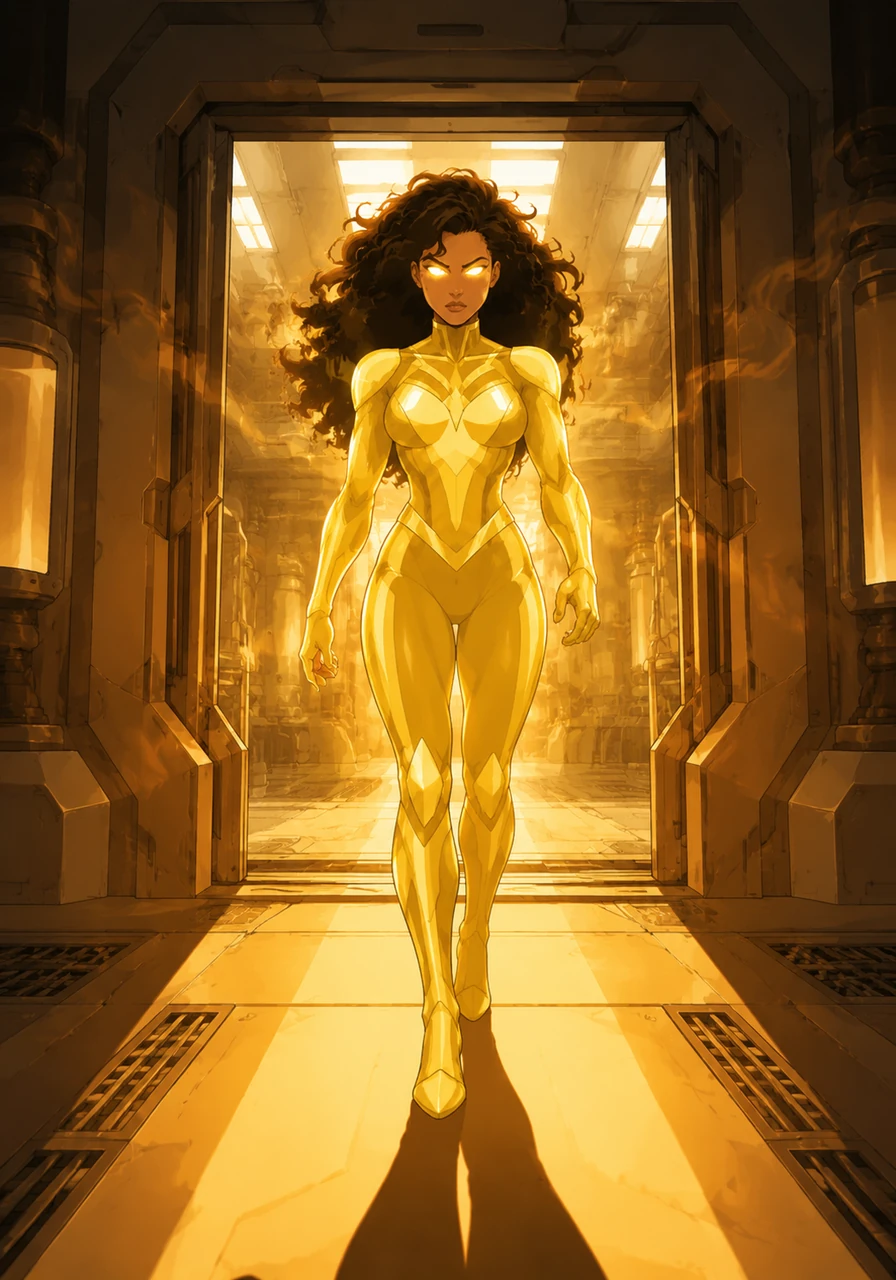 The door hissed open, and Starlight stepped into the room, her golden suit gleaming under the harsh fluorescent lights. Her eyes glowed with an intense, volatile energy that filled the entire chamber with a suffocating heat.