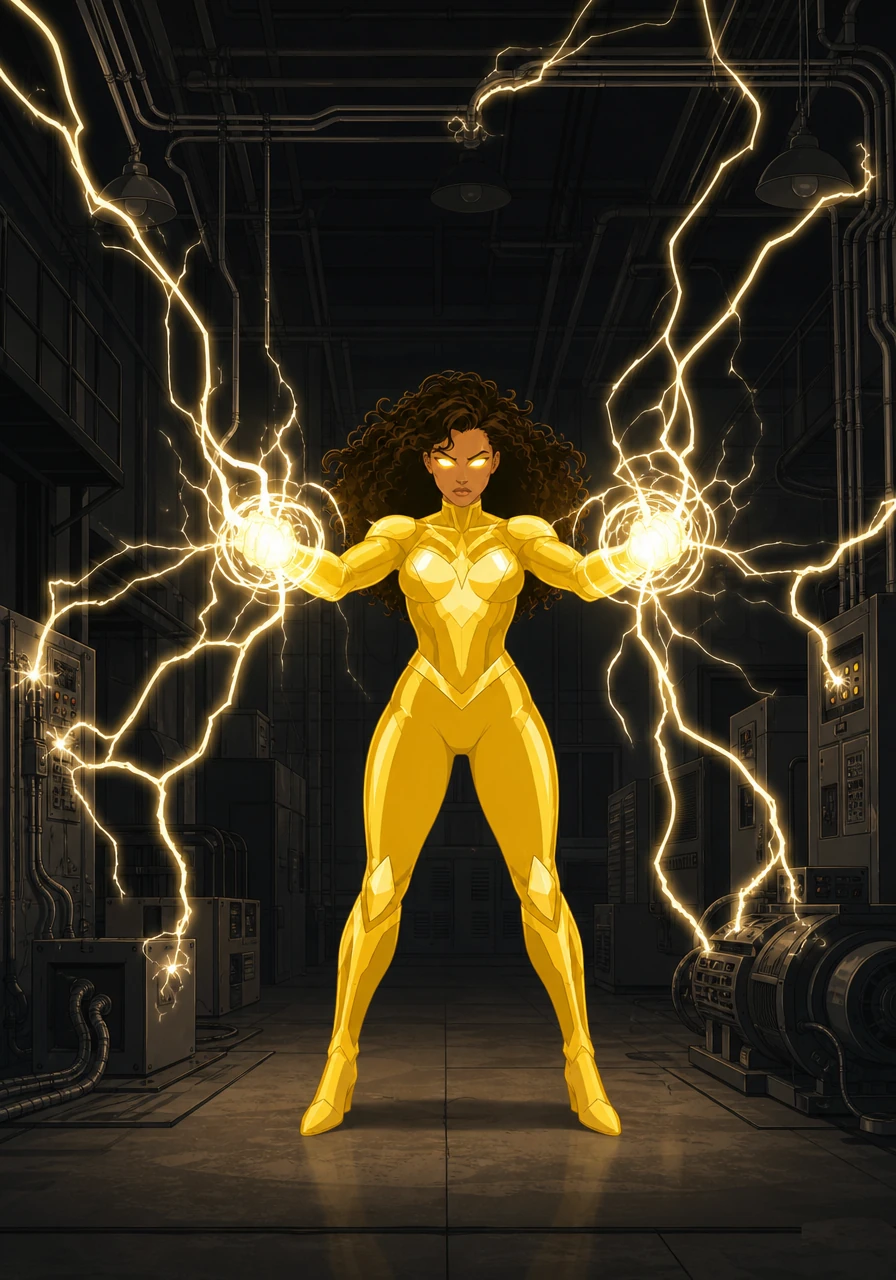 With a sudden motion, she raised her hands, drawing all the electrical power from the facility into her palms. The air crackled fiercely as blinding arcs of white-hot light began to swirl around her fists.