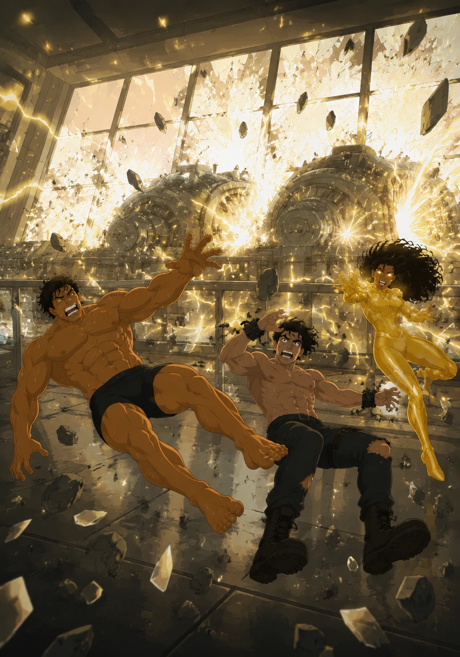Suddenly, the immense power surge caused the facility's main generators to spark and overload. A massive shockwave of light erupted outward, shattering the observation windows and throwing the room into temporary chaos.