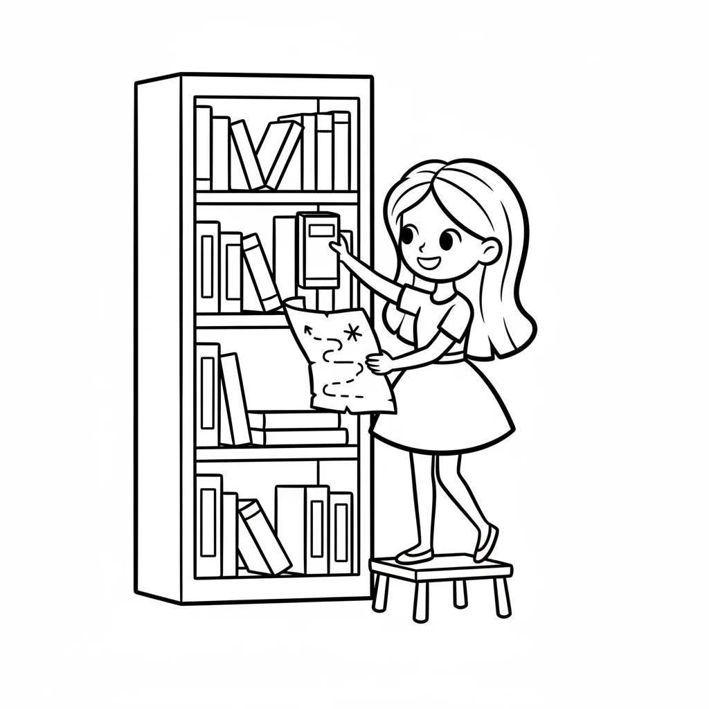 One sunny morning, while tidying her bookshelf, Barbie found an old, rolled-up map tucked behind a storybook. It showed a winding path leading to a sparkly spot far away. Her eyes lit up with curiosity.