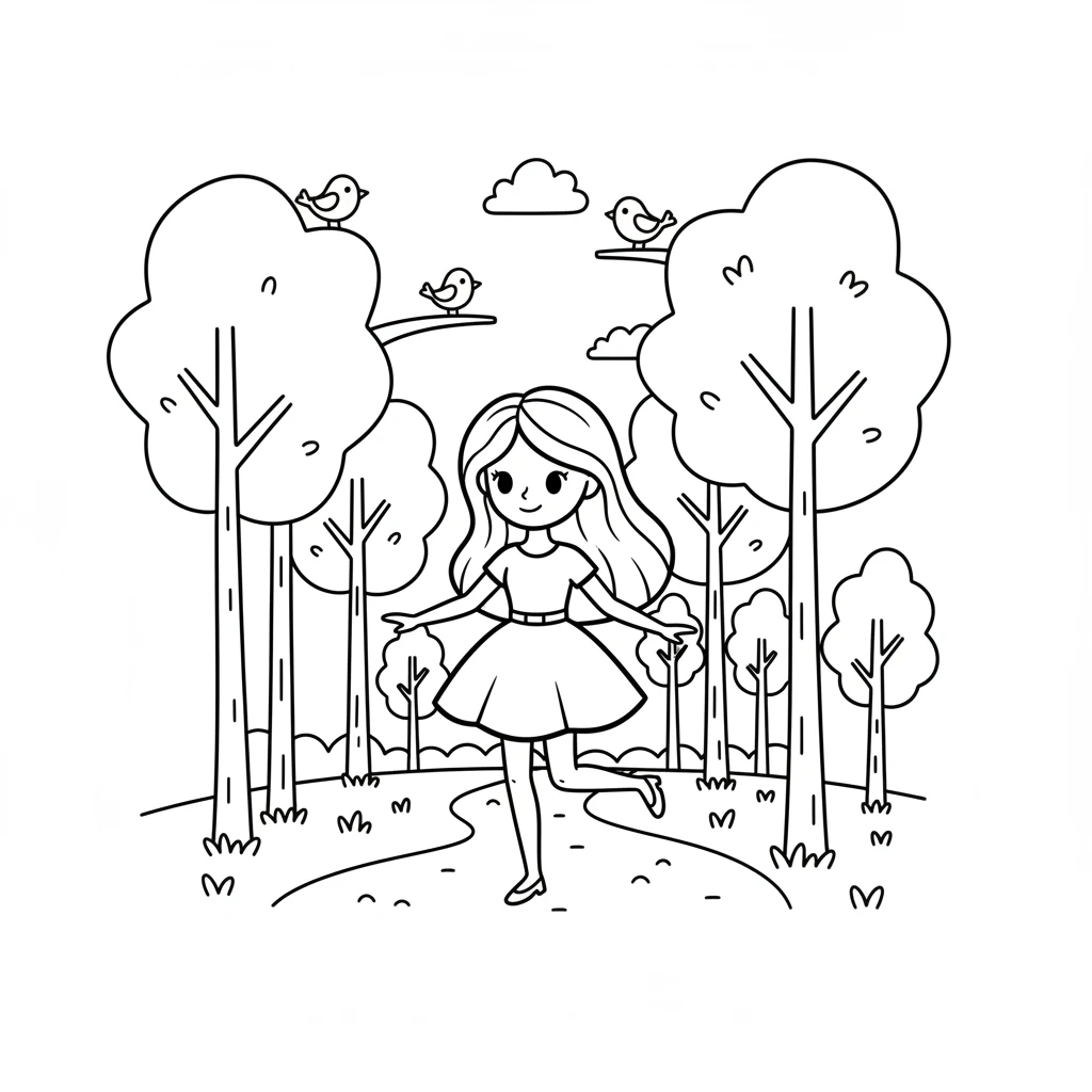 With a skip in her step, Barbie ventured out into a whimsical forest. Tall, rounded trees with big leaves lined her path, and happy birds chirped welcomes from above. Sunlight dappled through the branches, creating playful patterns on the ground.