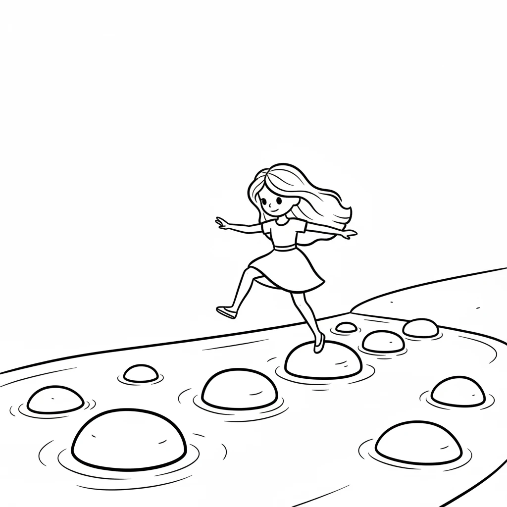 Soon, she reached a sparkling river. Big, smooth stepping stones helped her hop across to the other side. The water flowed gently, reflecting the clear blue sky above.