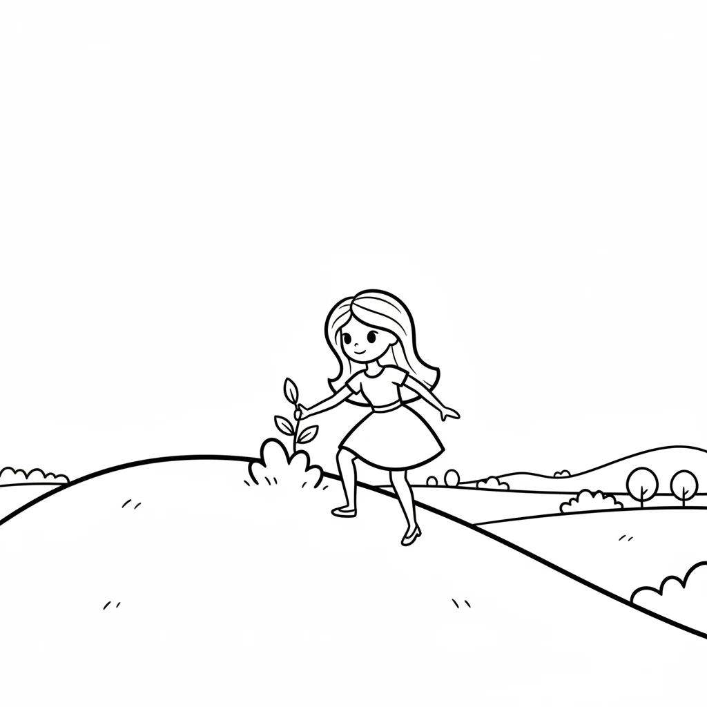 After the river, a gentle hill rose before her. Barbie carefully climbed its rounded slopes, holding onto a small, friendly bush. From the top, she could see even more of the beautiful world stretching out.