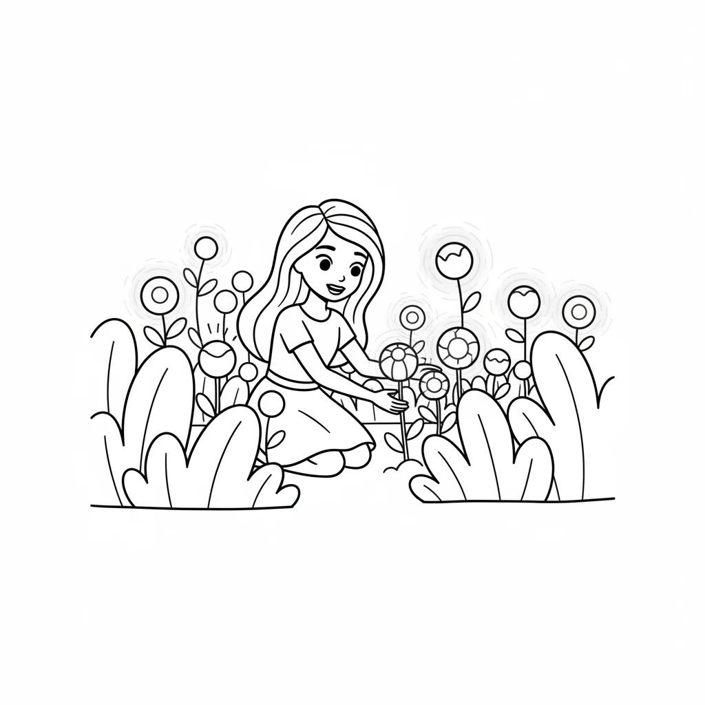 At the very top, hidden behind some large, leafy plants, Barbie discovered a secret grove. Inside, unique, rounded flowers bloomed in every imaginary color. They seemed to glow softly.