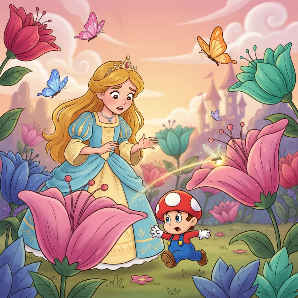 Princesa Estela y su pequeño amigo, el Hongo Tito, jugaban alegremente en el jardín real, lleno de flores gigantes y mariposas de colores. Tito, siempre curioso, correteó tras una luciérnaga brillante y de repente desapareció de la vista de Estela, dejando a la princesa un poco preocupada.
