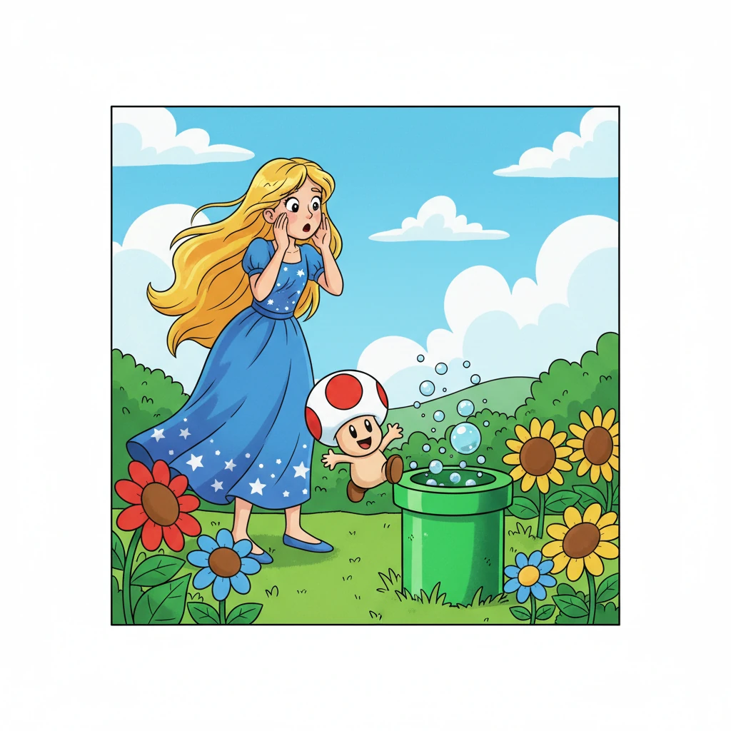 Estela lo buscó por todas partes, llamando a su amigo con una vocecita dulce. De repente, una tubería verde y brillante apareció de la tierra, burbujeando con un sonido curioso. Un pequeño hongo saltarín y juguetón, llamado Brincos, salió de entre las flores para unirse a ella, listo para la aventura.