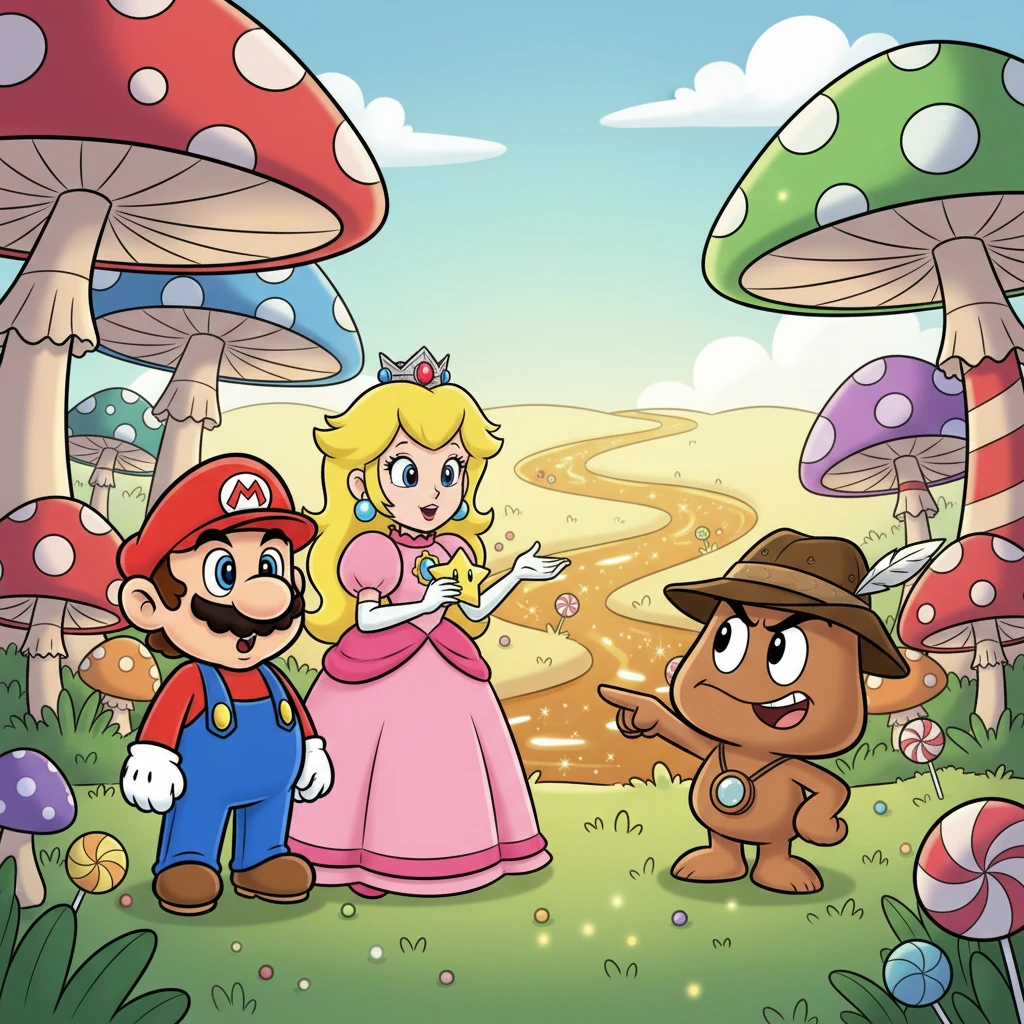 Caminando por el bosque de hongos, se encontraron con un Goomba amistoso que llevaba un sombrero de explorador. El Goomba, con una gran sonrisa, les señaló el camino hacia un río de caramelo brillante, indicando que Tito había pasado por allí jugando.