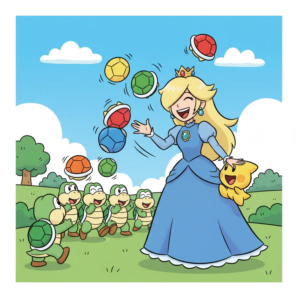 De repente, un grupo de Koopas juguetones apareció, lanzando caparazones suaves y coloridos que rebotaban inofensivamente. Estela y Brincos rieron y esquivaron los caparazones como si fuera un divertido juego de pelota.